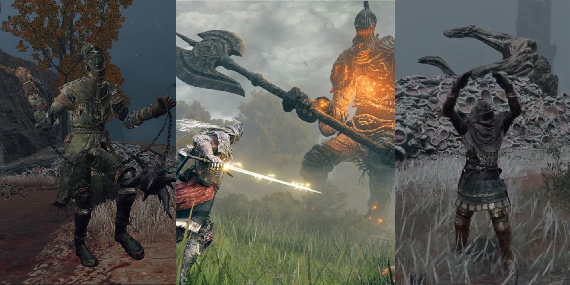 Collage of the Tarnished in Caelid, fighting a giant, and posing in Elden Ring.