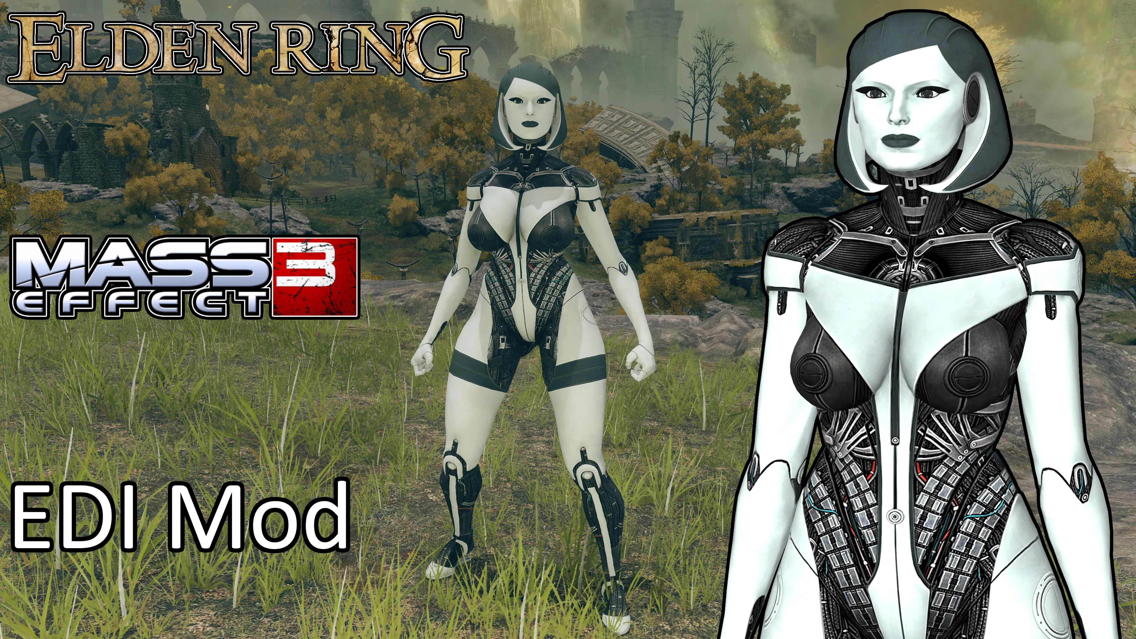 Mass Effect's EDI standing in a field in Elden Ring