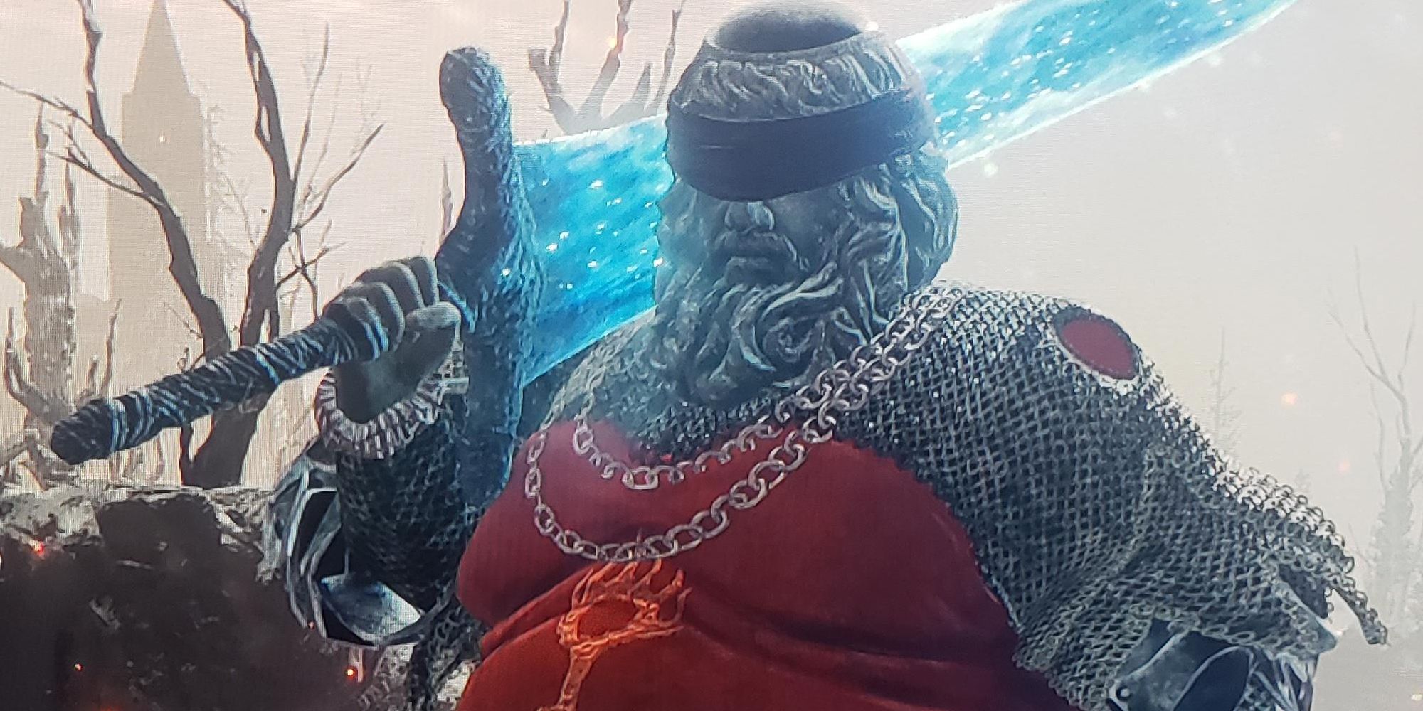 Elden Ring Santa with a blue greatsword 
