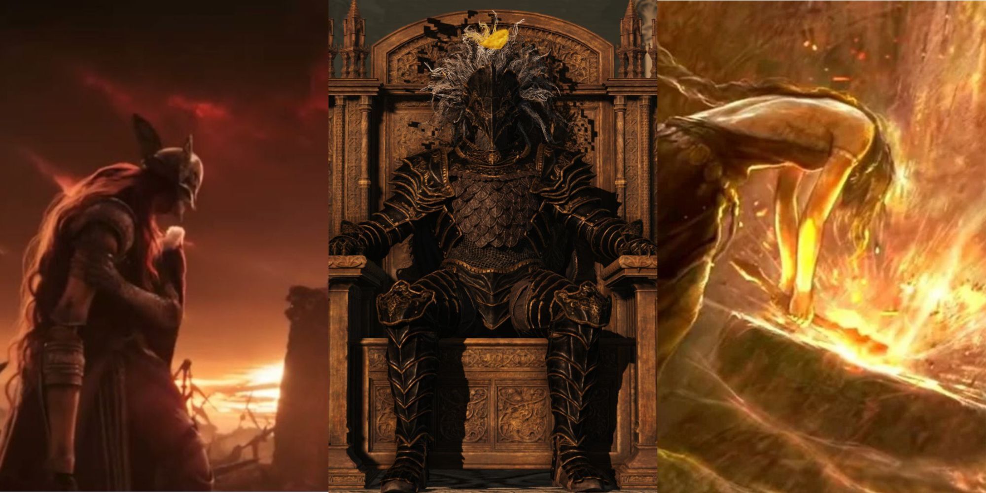 Malenia gripping her arm in Caelid during the reveal trailer, a Tarnished sitting upon the Throne during the ending, and artwork of Marika forging or shattering the Elden Ring, left to right