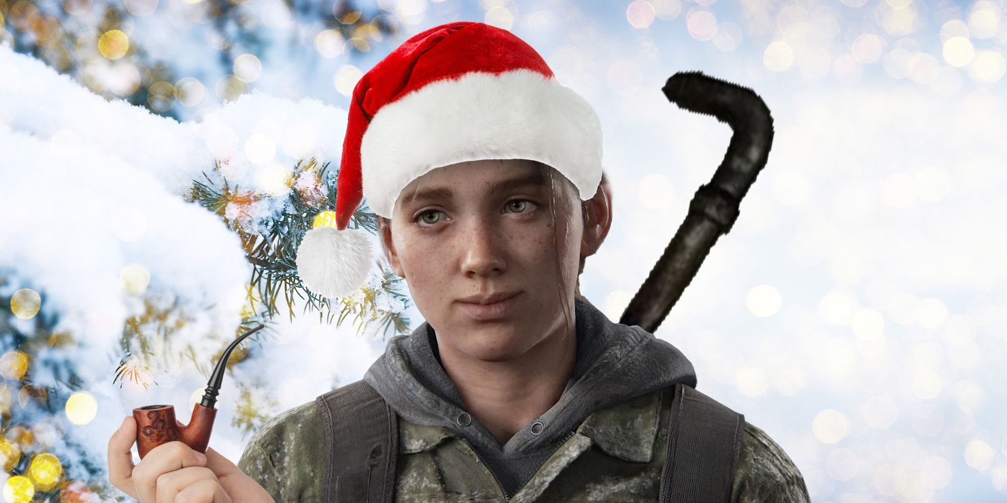 Ellie from The Last of Us wearing a Christmas hat