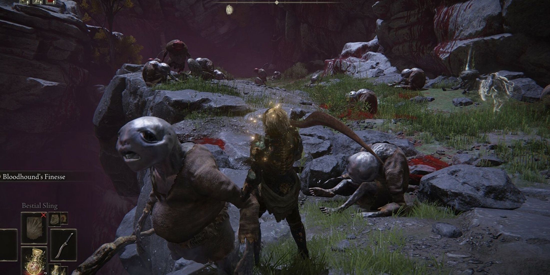 Albinaurics being slain by the Tarnished at Mohgwyn's Palace Approach Ledge-Road in Elden Ring.