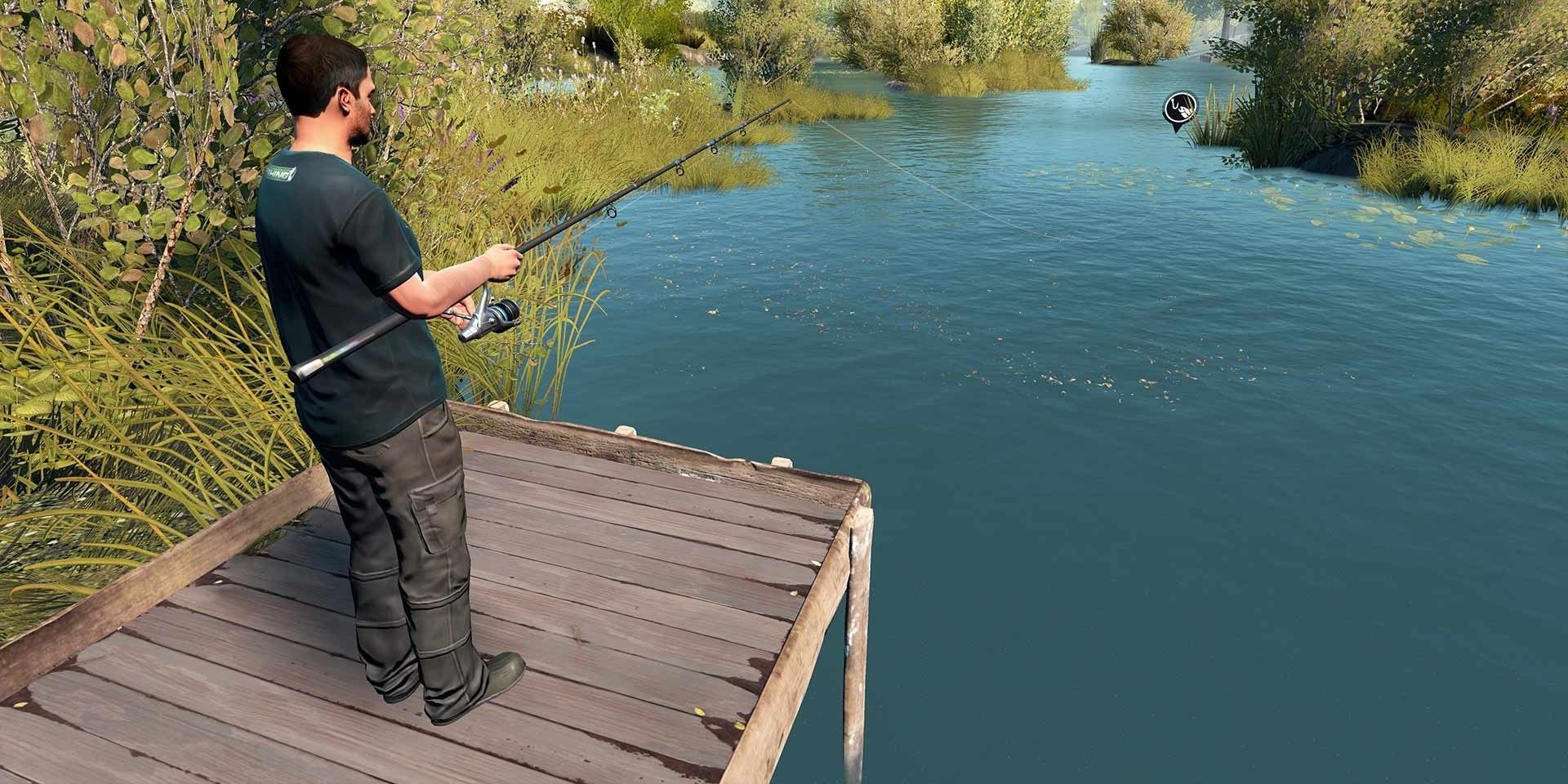 Euro Fishing Playstation man on dock casting line into lake