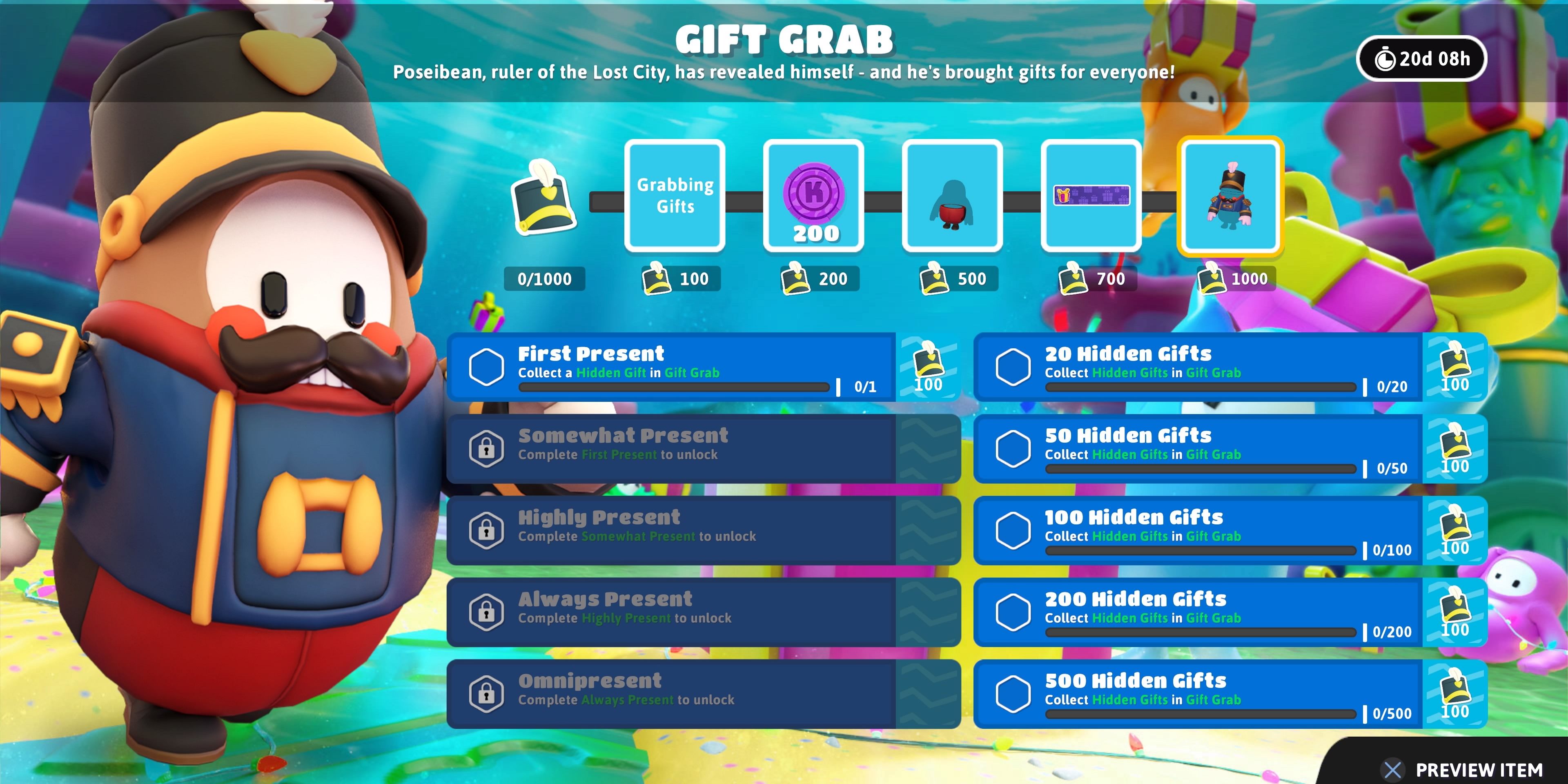 Fall Guys Gift Grab Event page showing all event missions and rewards