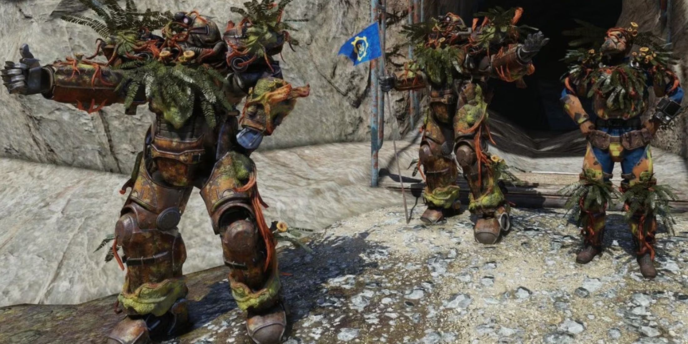 Fallout 76 Best Mutations Scaly Skin. Three people wearing scaly Power Armor.