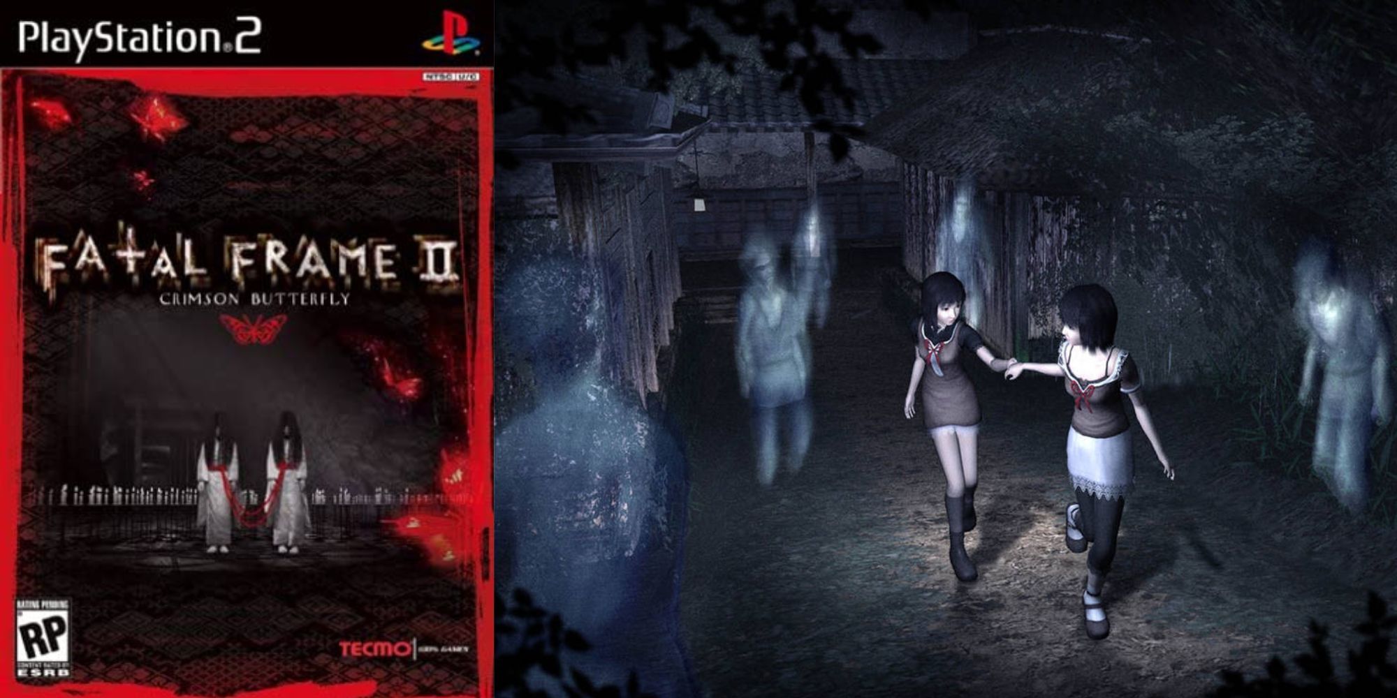 Fatal Frame 2 cover art and in-game image of two girls holding hands