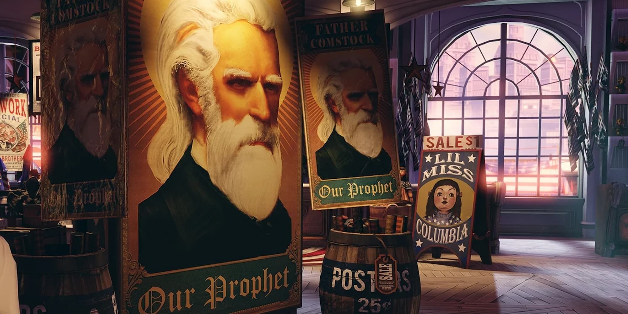 Posters of Father Comstock label him as "Our Prophet."