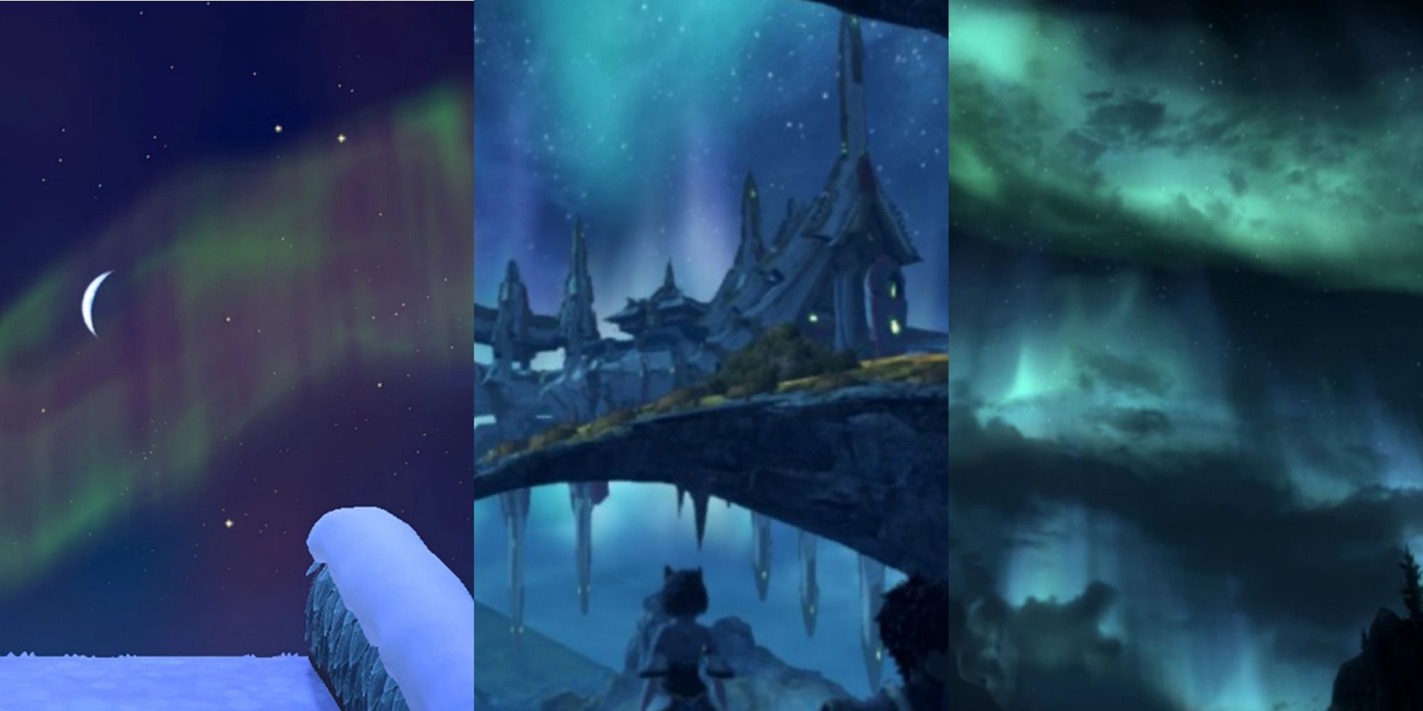Split image screenshots of the northern lights in Animal Crossing: New Horizons, Xenoblade Chronicles 3 and Skyrim.
