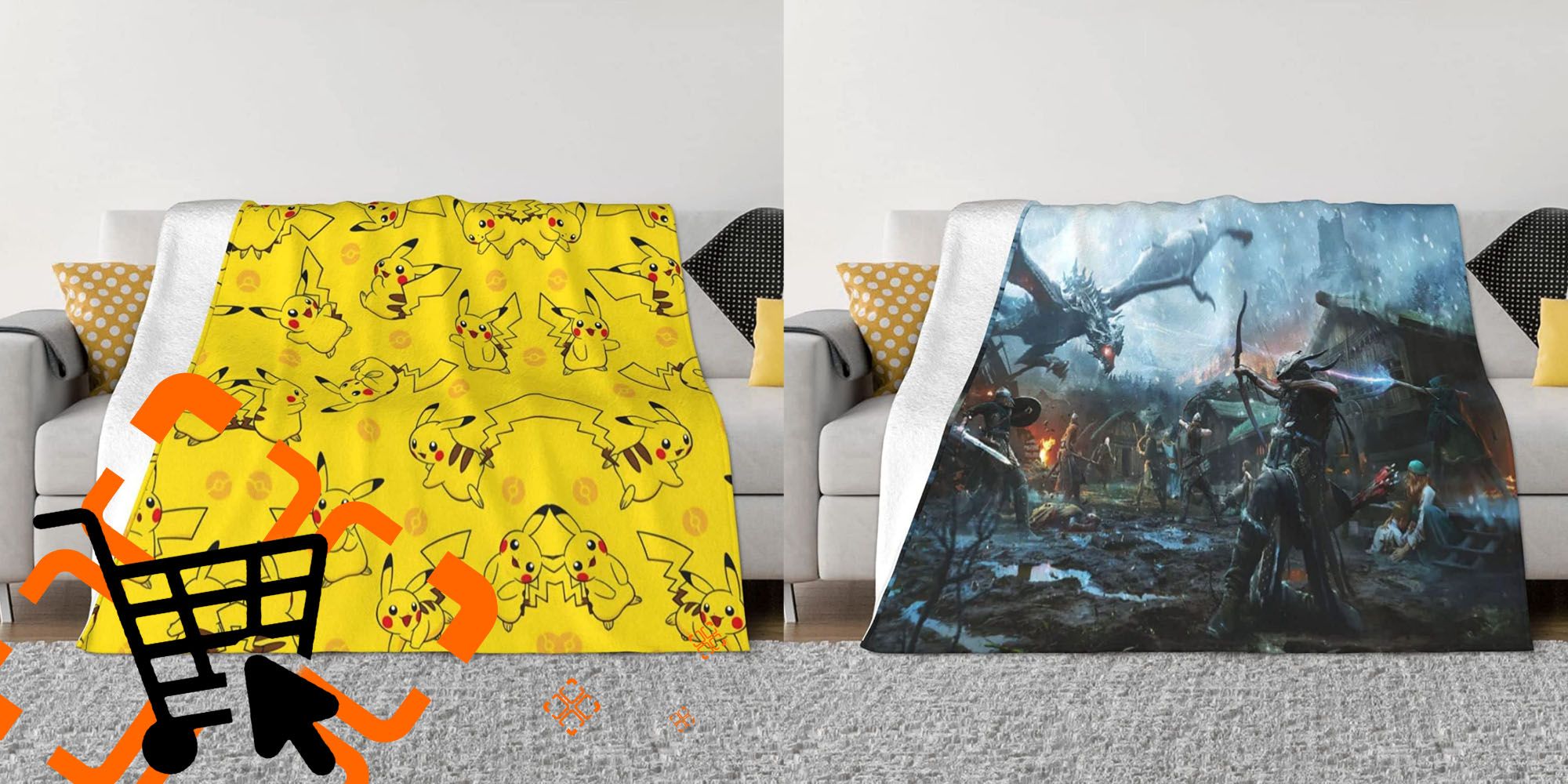 Split image screenshots of Pikachu and Skyrim blankets.