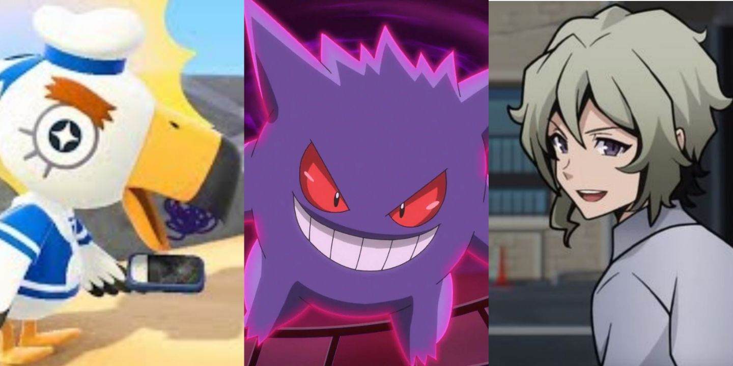 Split image screenshots of Gulliver from Animal Crossing Gengar in Pokemon, and Joshua from TWEWY.