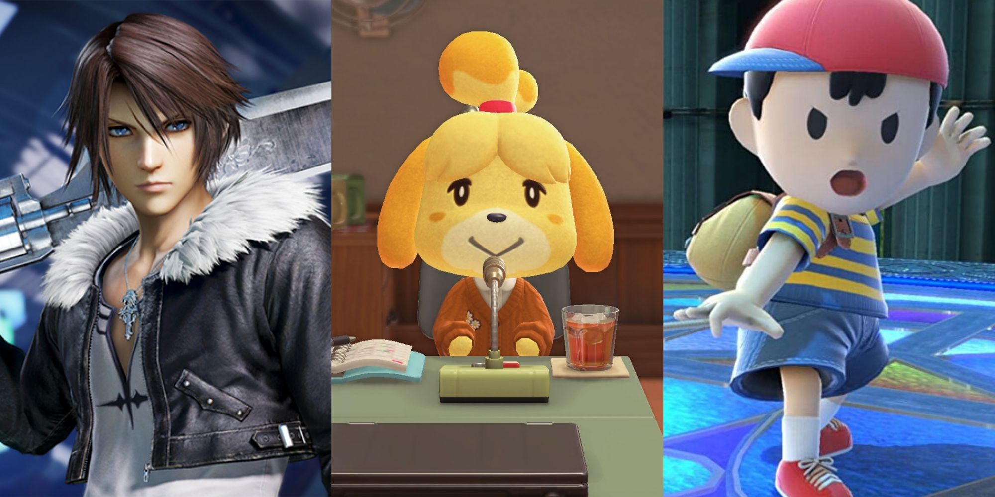 Split image screenshots of Squall Leonhart from Final Fantasy 8, Isabelle from Animal Crossing and Ness from Earthbound in Smash.