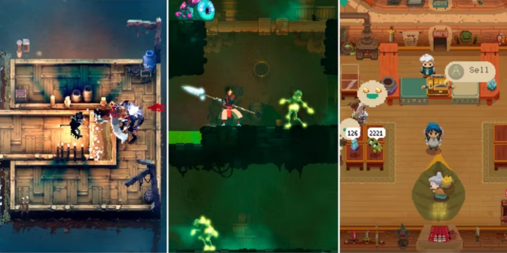 Collage of the Best Roguelikes On Xbox Game Pass featuring Loot River, Dead Cells, and Moonlighter
