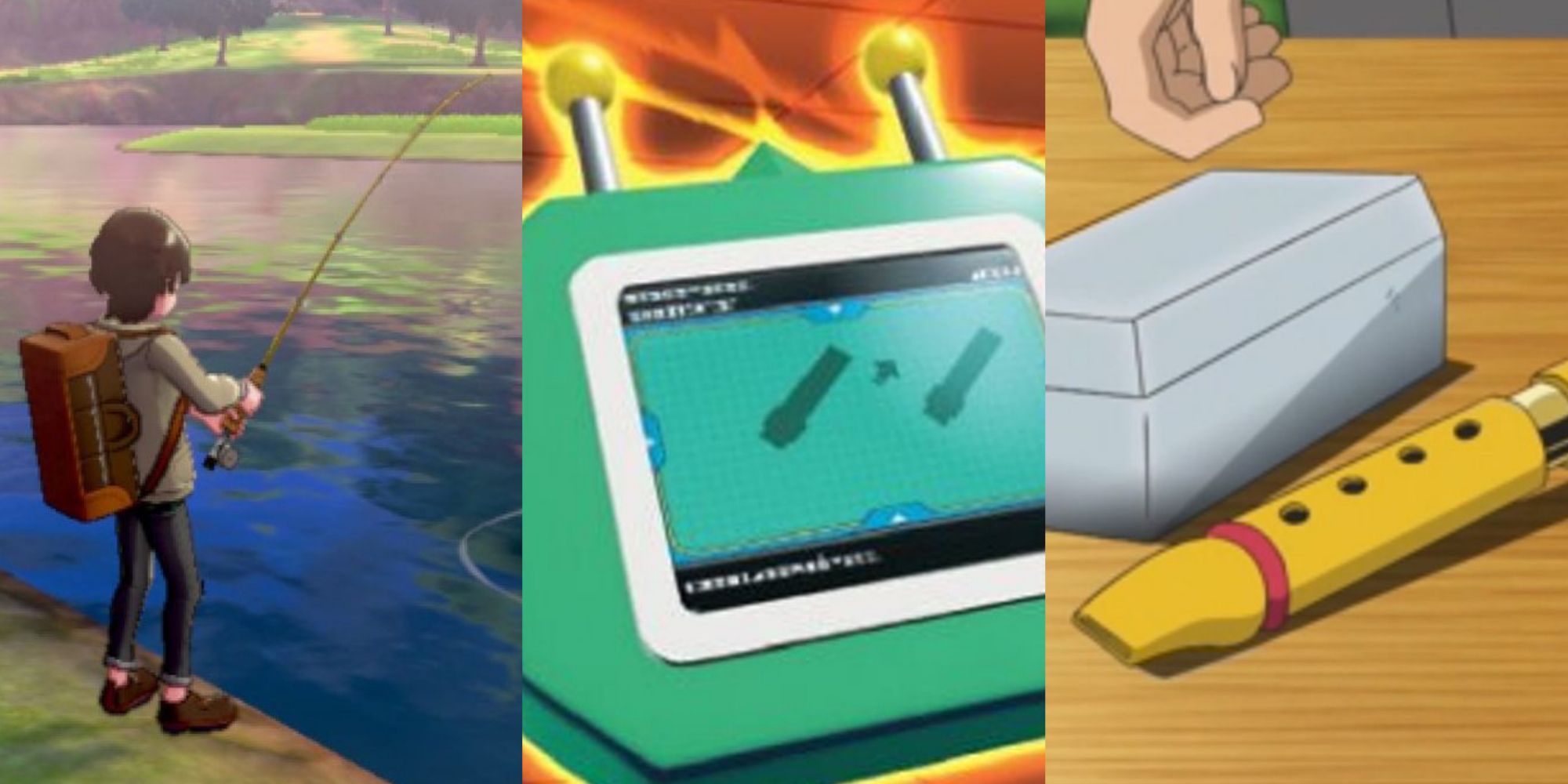 Split image screenshots of the player character fishing, the Dowsing Machine and the Pokeflute.