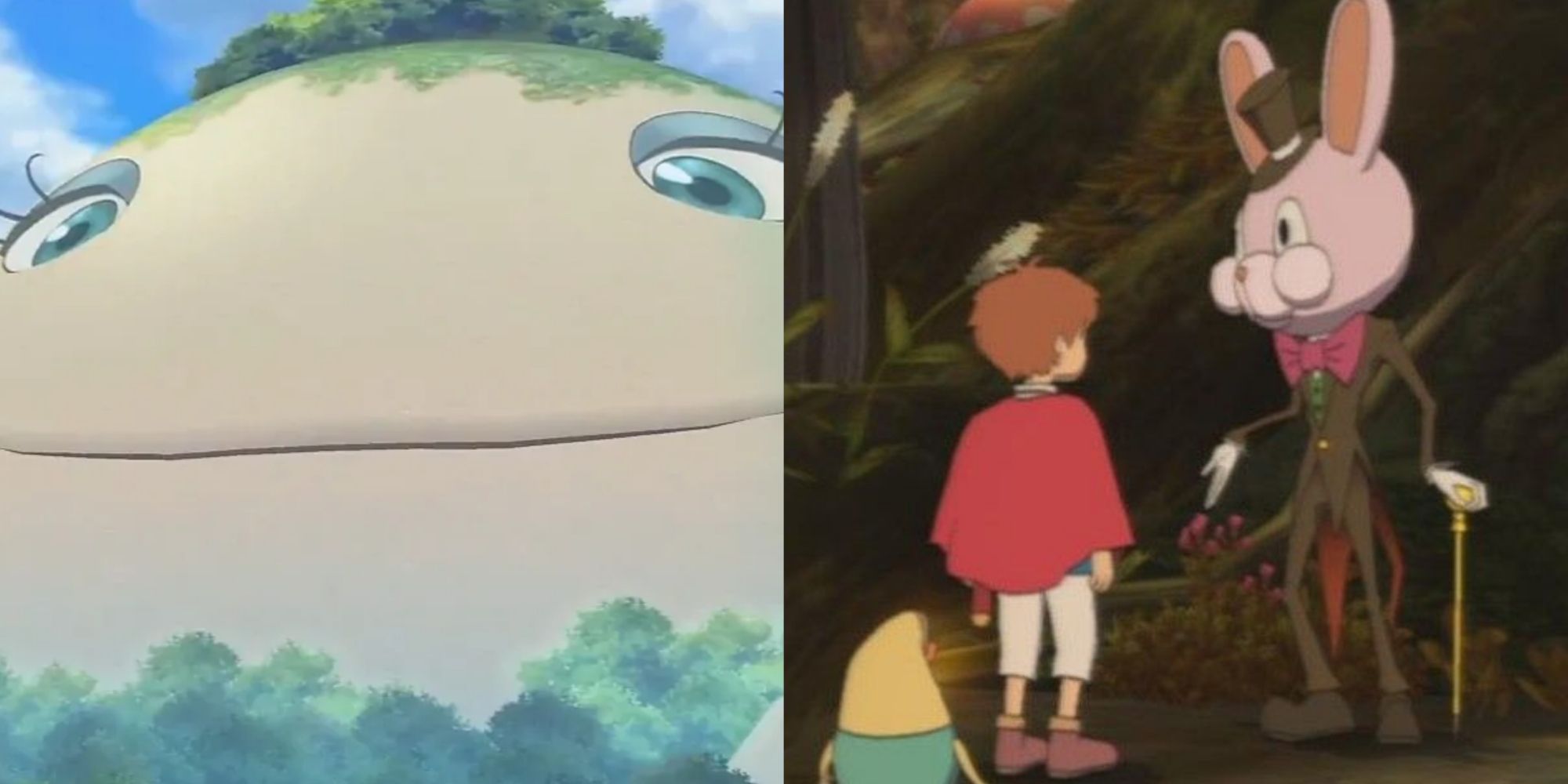 Split image screenshots of the Fairy Godmother and the Conductor in Ni No Kuni: Rather of the White Witch.