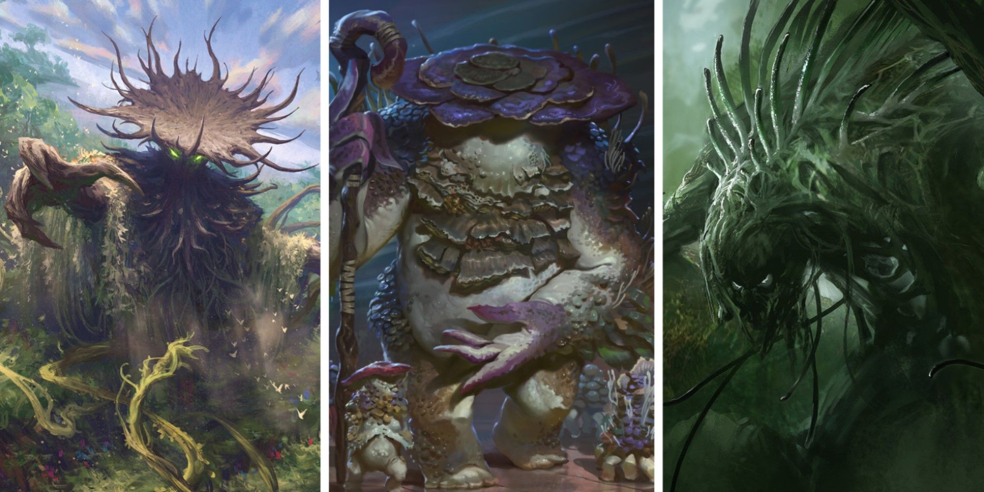 A split image featuring artwork from Nemata, Primeval Warden, Slimefoot, the Stowaway, and Ghave, Guru of Spores.