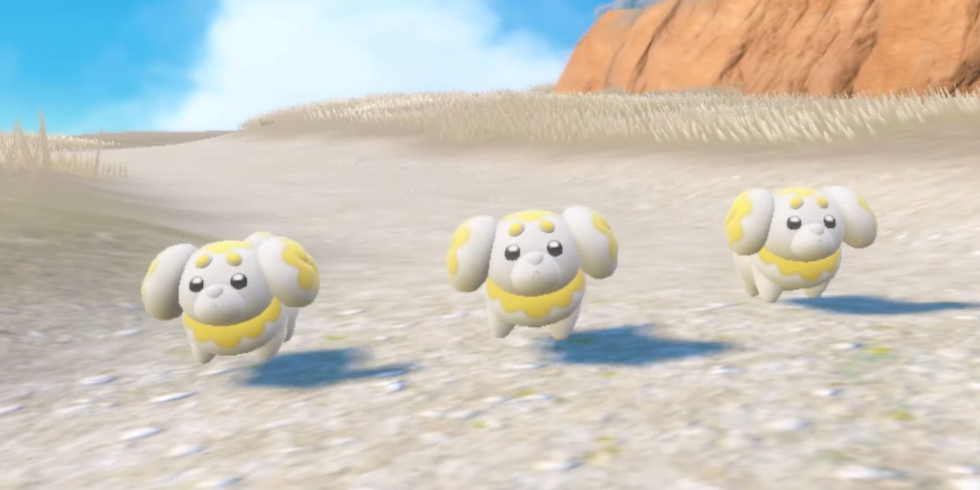 Three Fidough in a row in Pokemon Scarlet and Violet marching down a road.