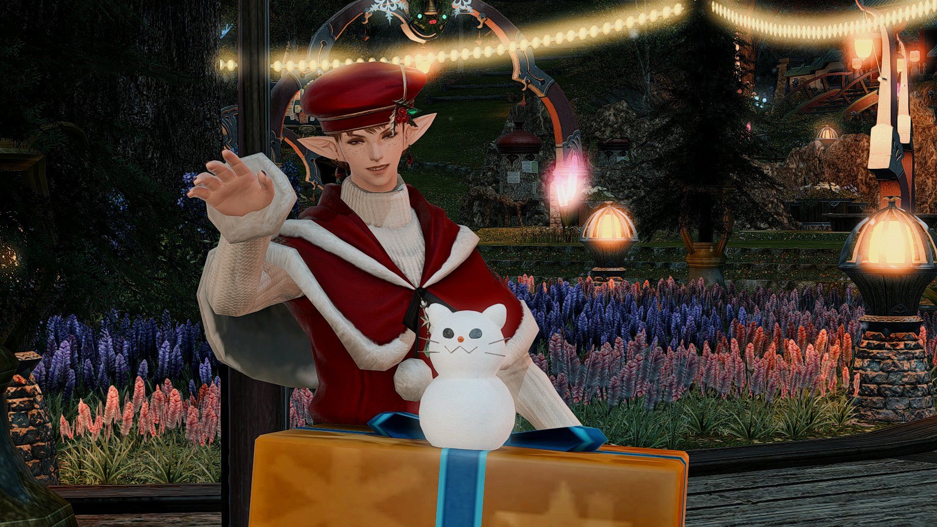 Final Fantasy 14 Ashara finding the cat snowman in game