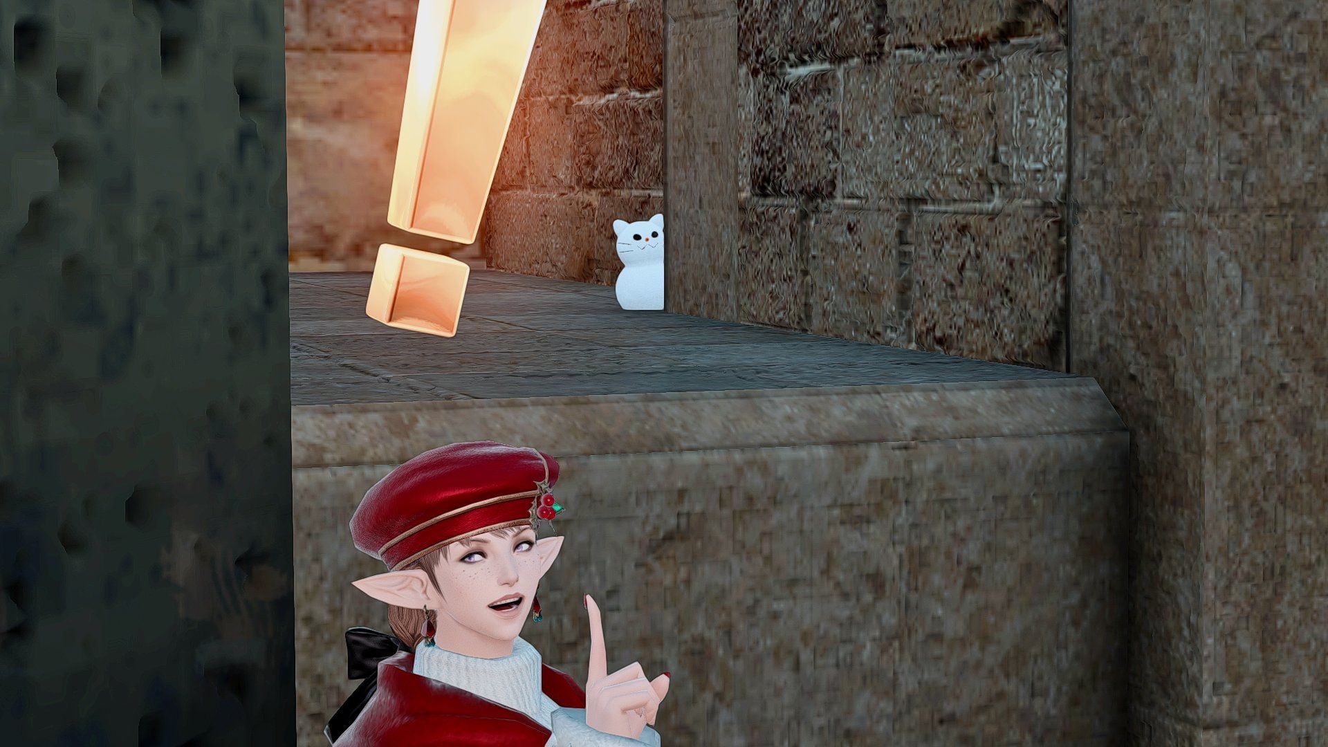 Final Fantasy 14 Ashara finding the cat snowman in Uldah