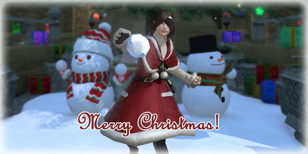 Final Fantasy 14 christmas card of player throwing snowball