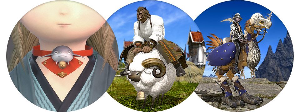 Final Fantasy 14 collage of namazu choker sheep mount and ishgardian barding