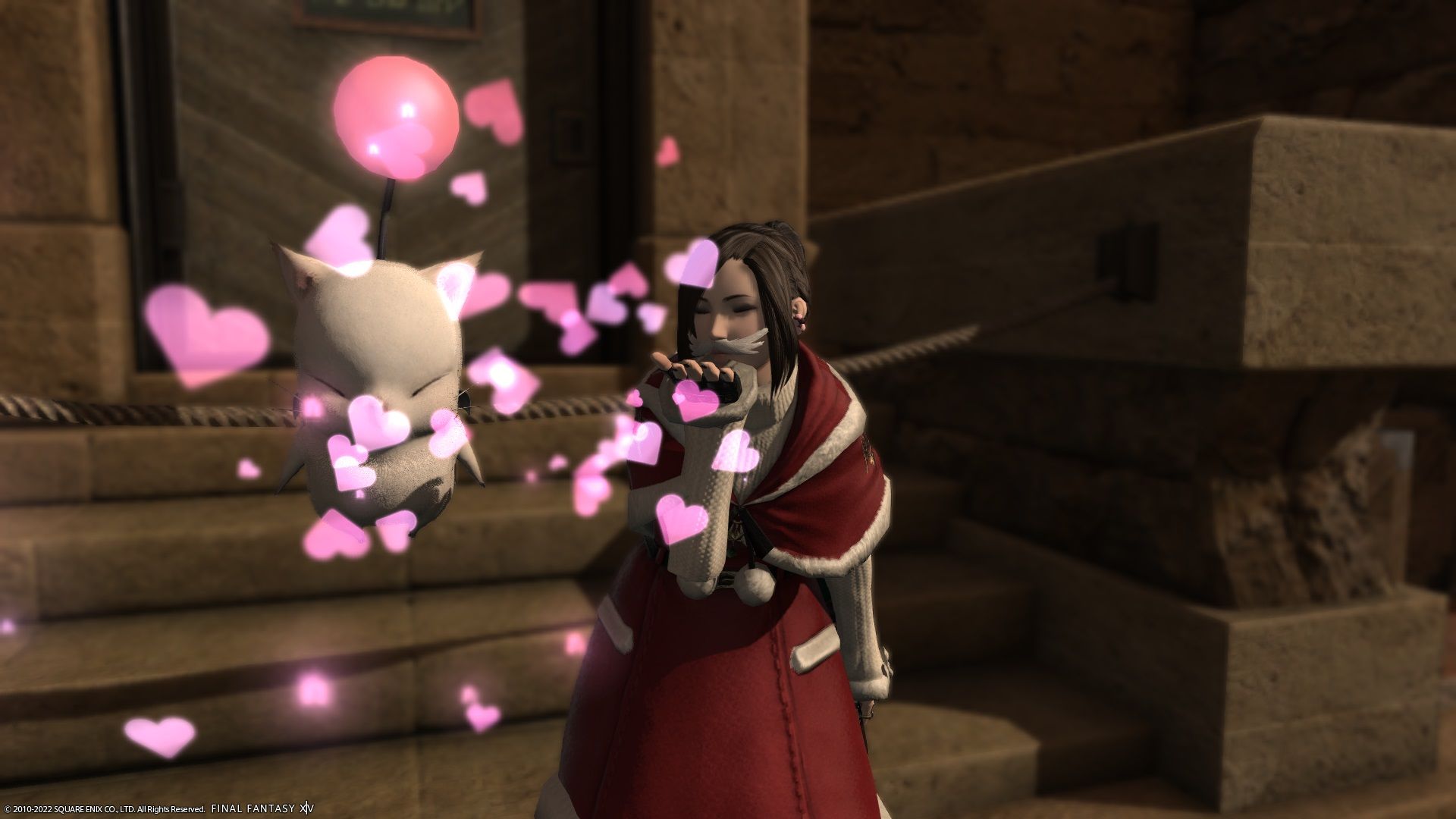 Final Fantasy 14 - player blowing kisses to a moogle