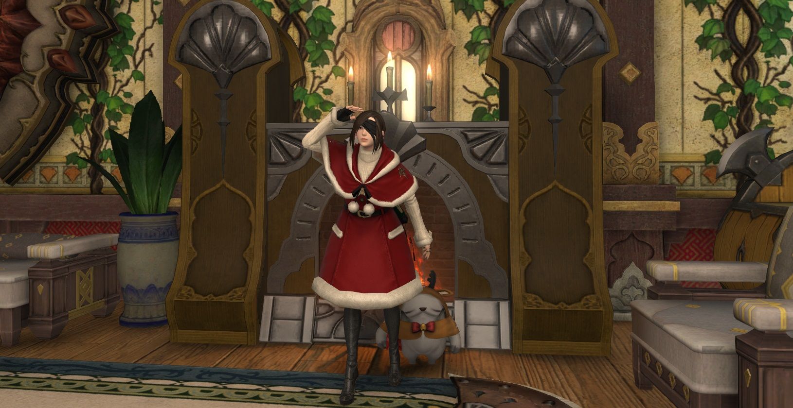 Final Fantasy 14 player in christmas outfit by fire