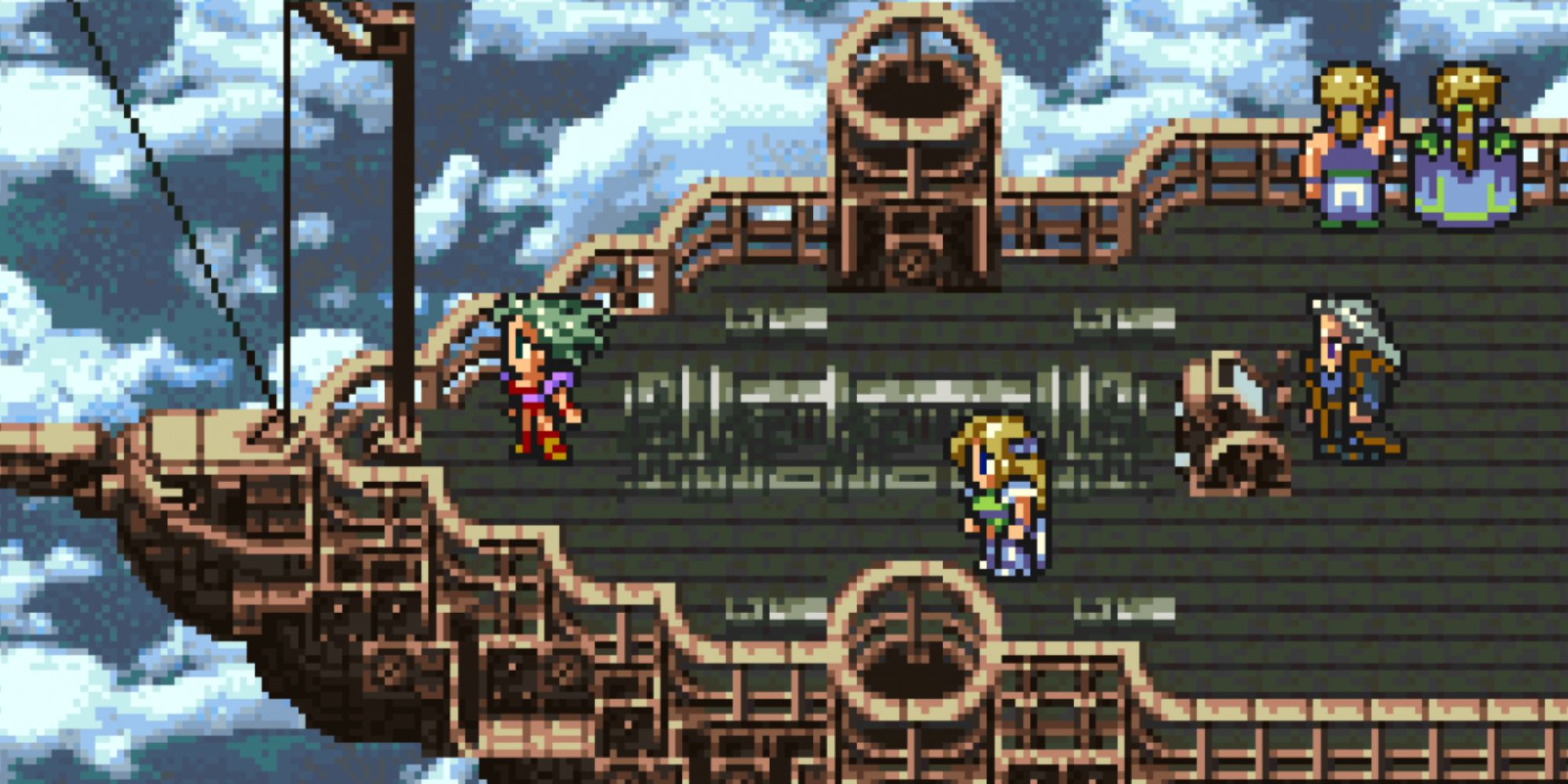 Terra Brandford, Ceres Chere, and Setzer Gabbiani, all aboard the Blackjack in Final Fantasy 6.