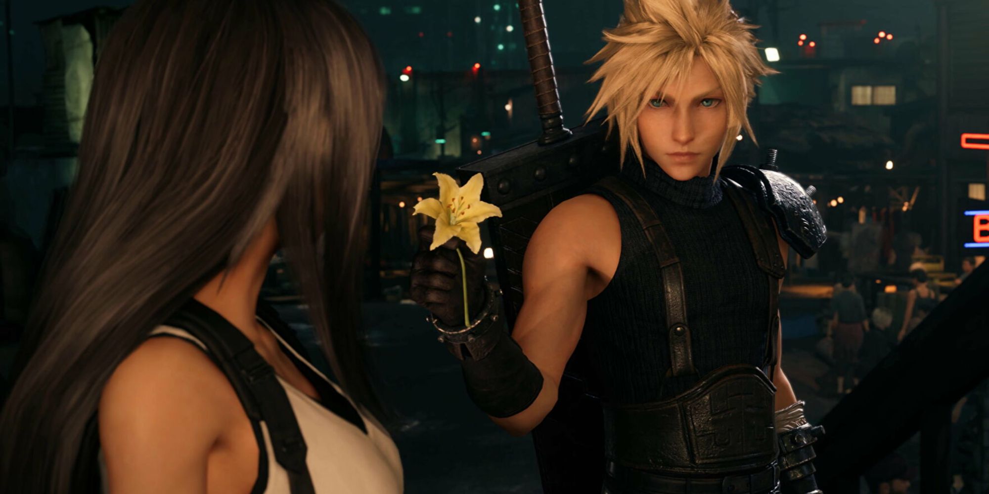 Cloud giving Tifa a yellow flower in Fina Fantasy 7 Remake
