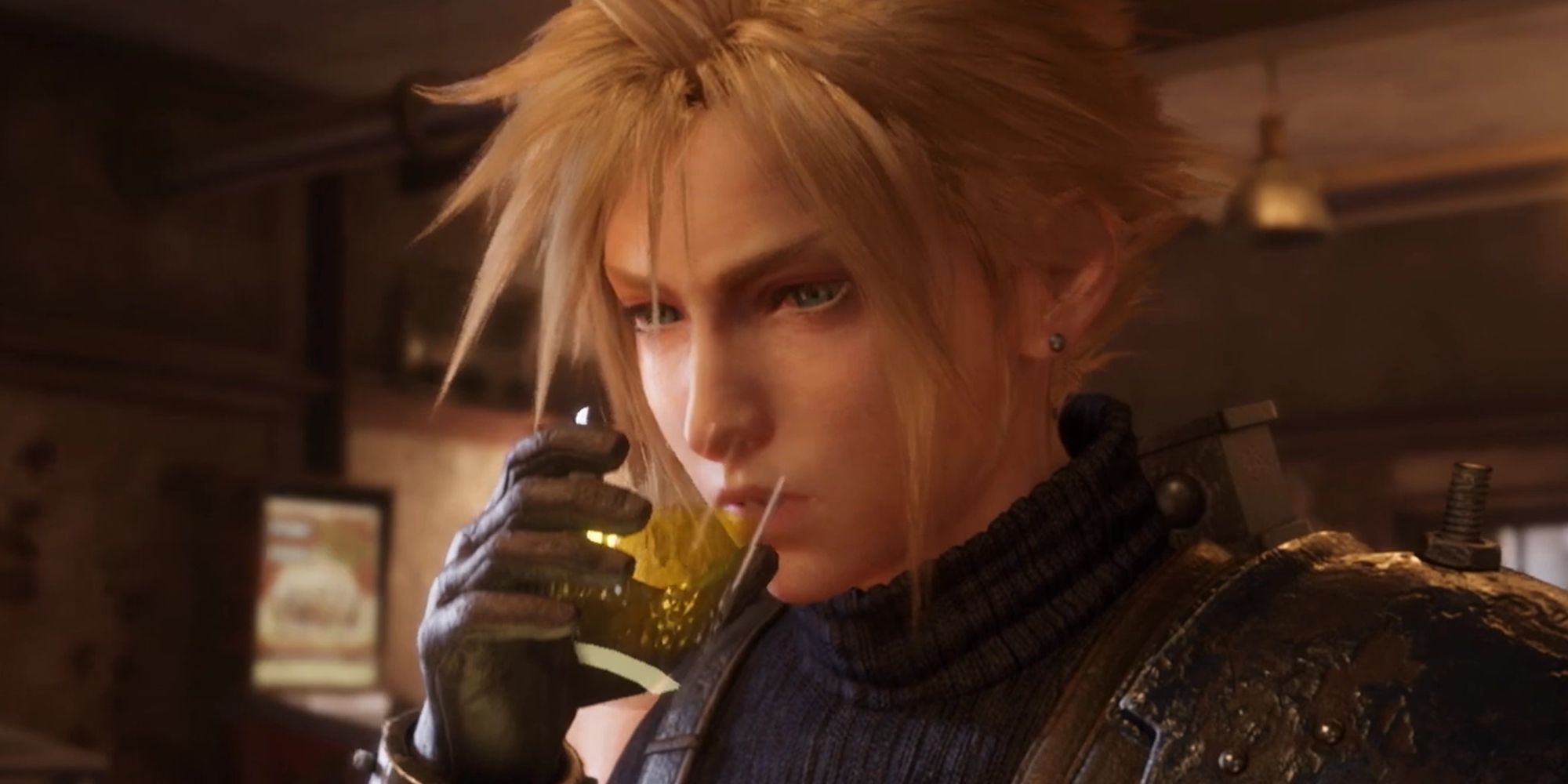 Cloud Strife drinking at Seventh Heaven in Final Fantasy 7 Remake