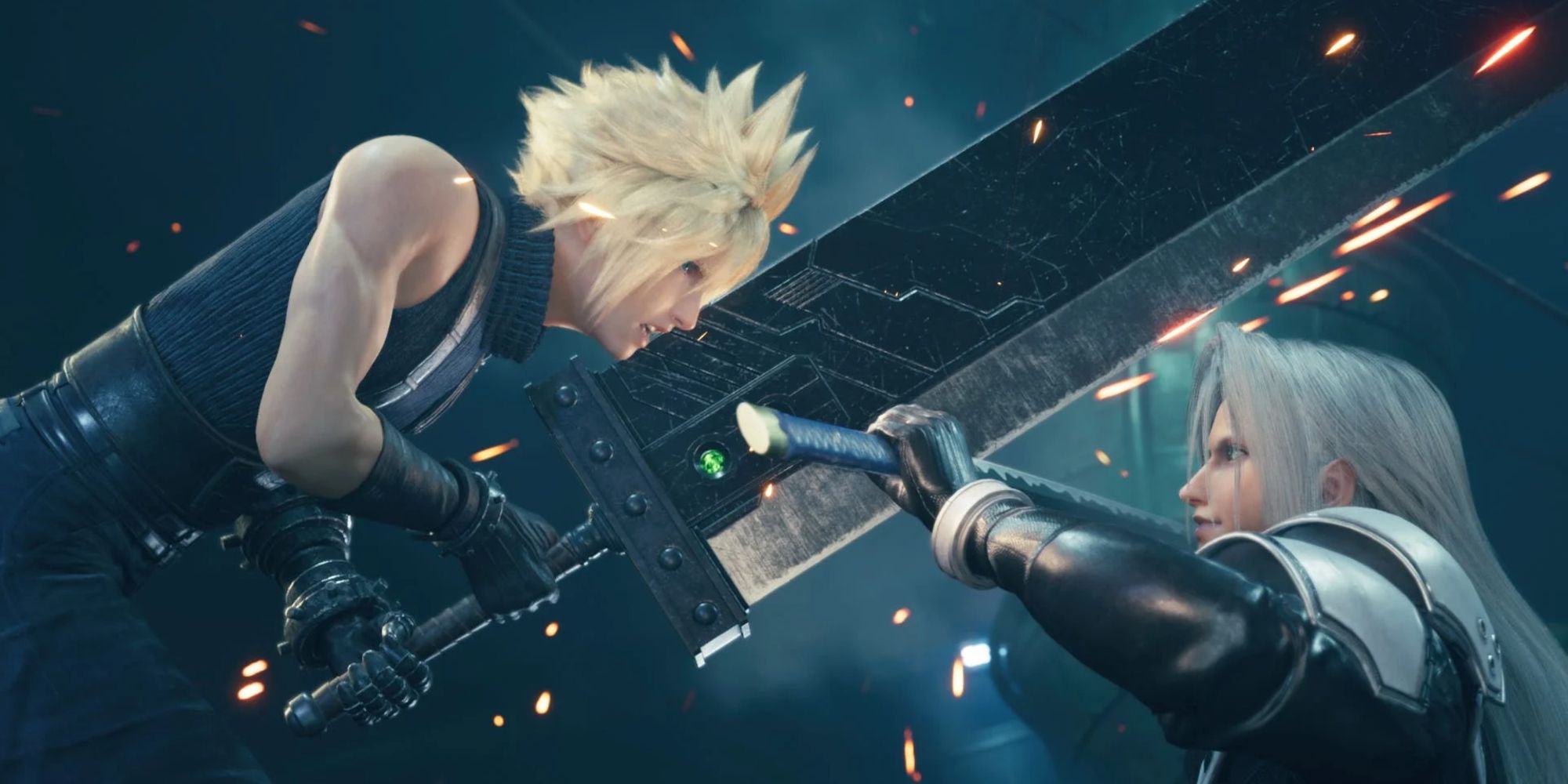 Cloud's Buster Sword clashing with Sephiroth's Masamune in Final Fantasy 7 Remake