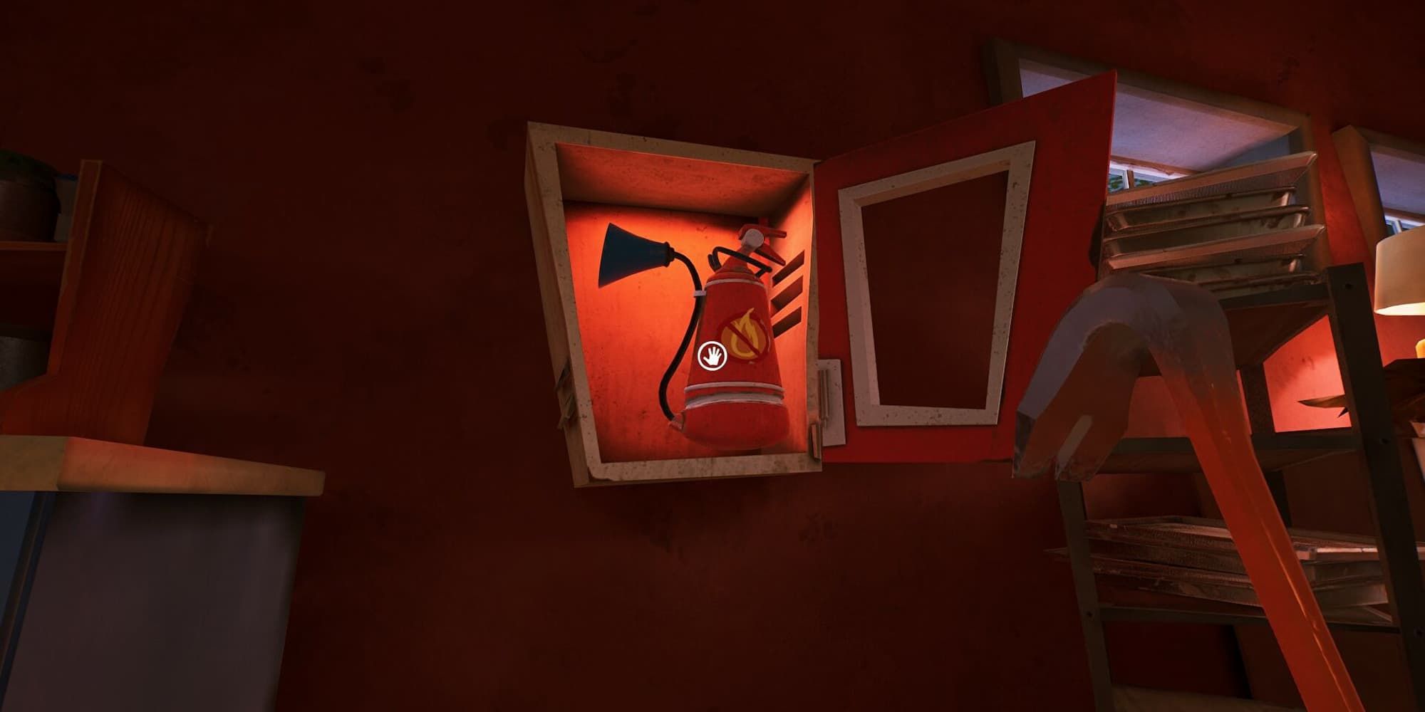 A player with a Crowbar looks to grab a Fire Extinguisher from an open case on the wall in Hello Neighbor 2.