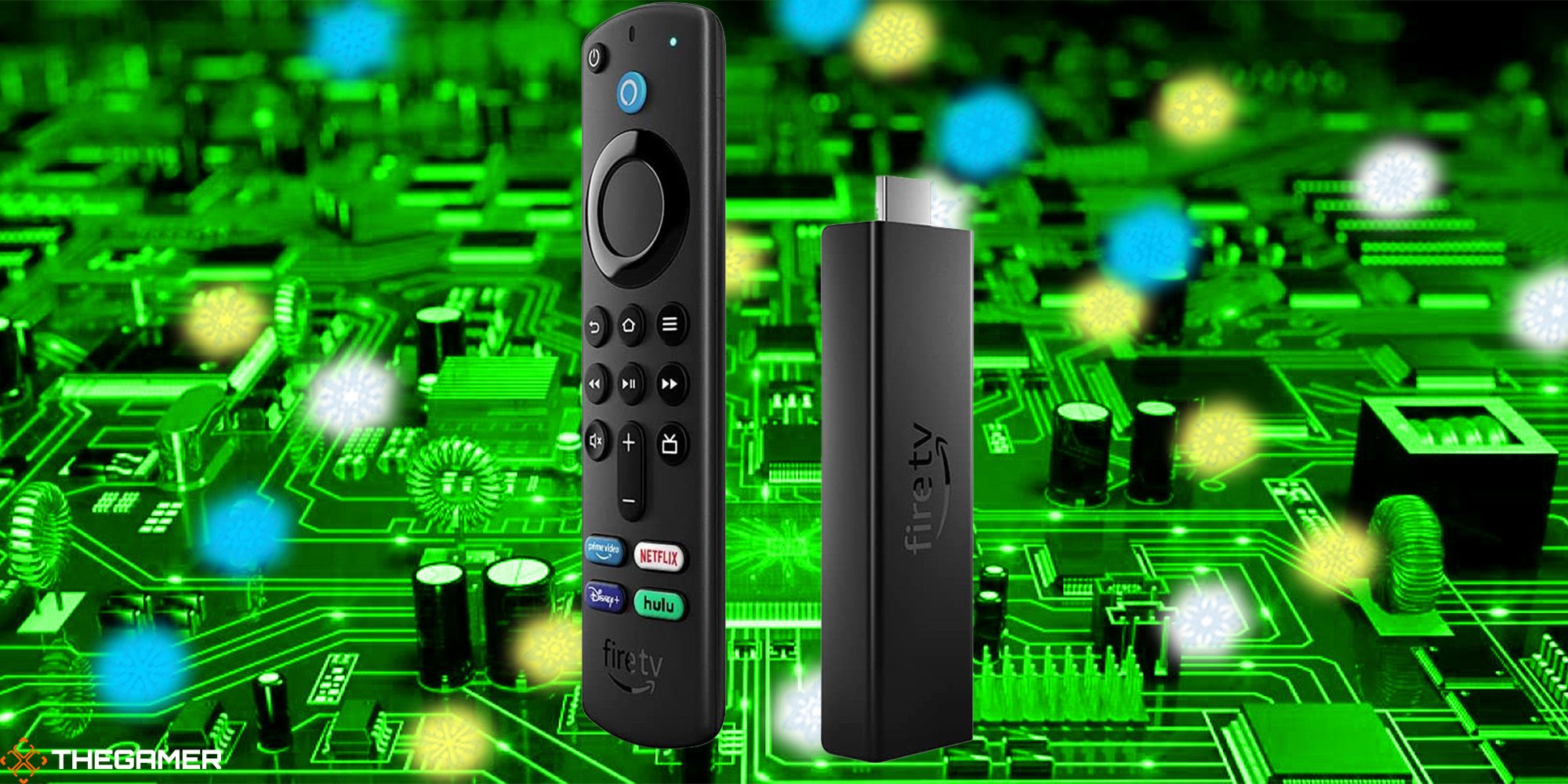 A FireTV 4K Max stick and remote against a snowy, green tech background. Custom image for TG.