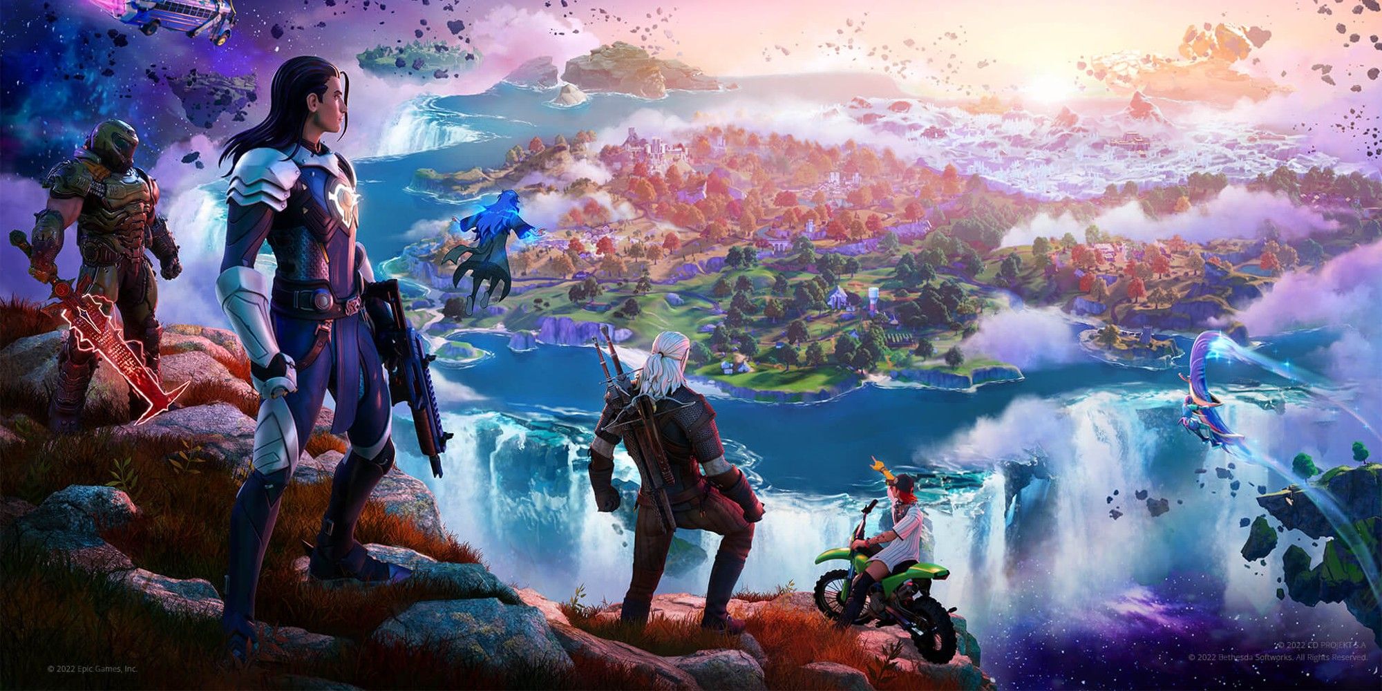 Fortnite Chapter 4 Loading Screen Showing The Ageless, Doom Slayer, Geralt Of Rivia, And Other Loopers Looking Out At The Island.