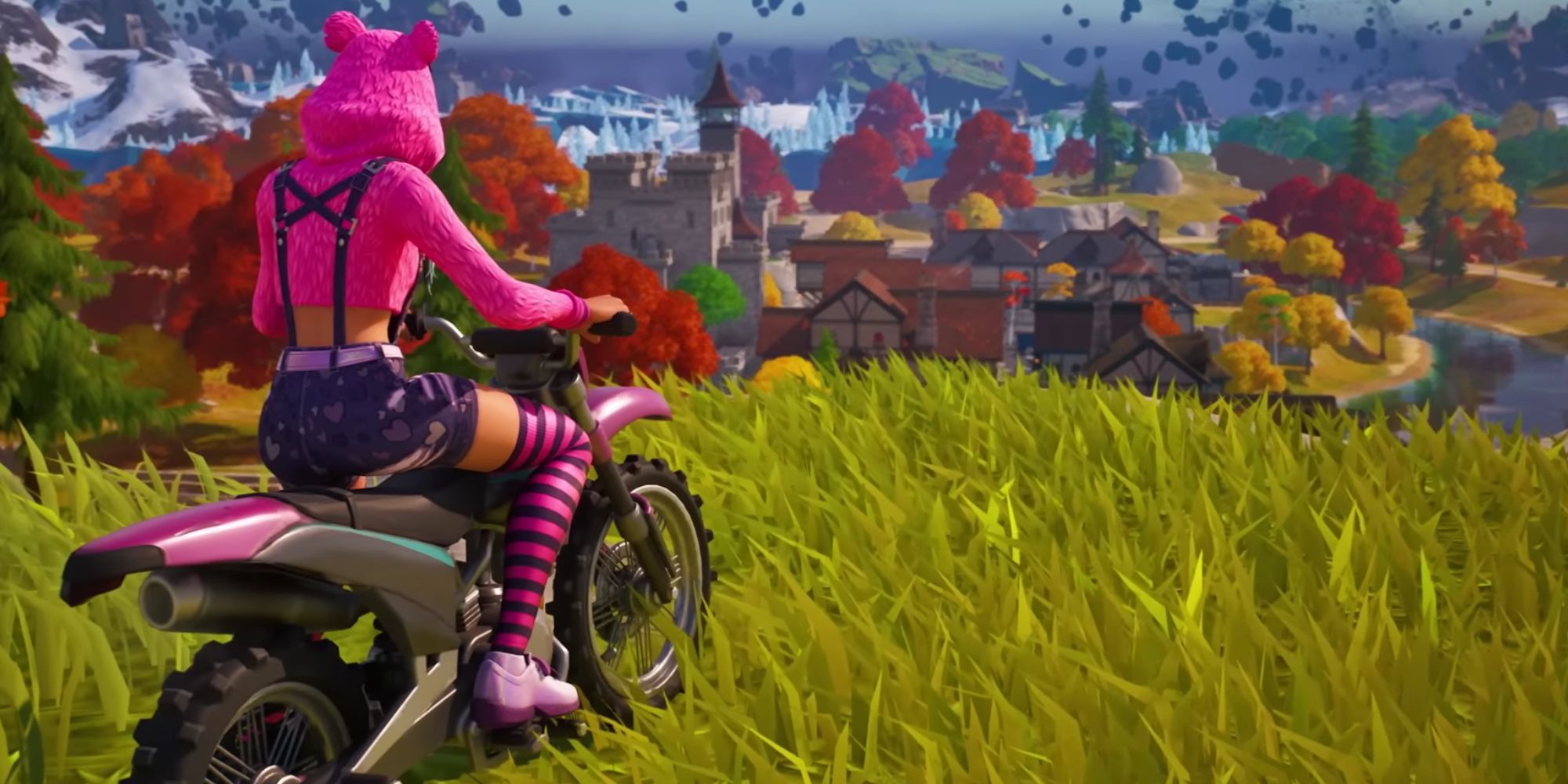 a character on a motorbike, clad in pink with a pink bear hoodie, watching the distance as the storm closes in