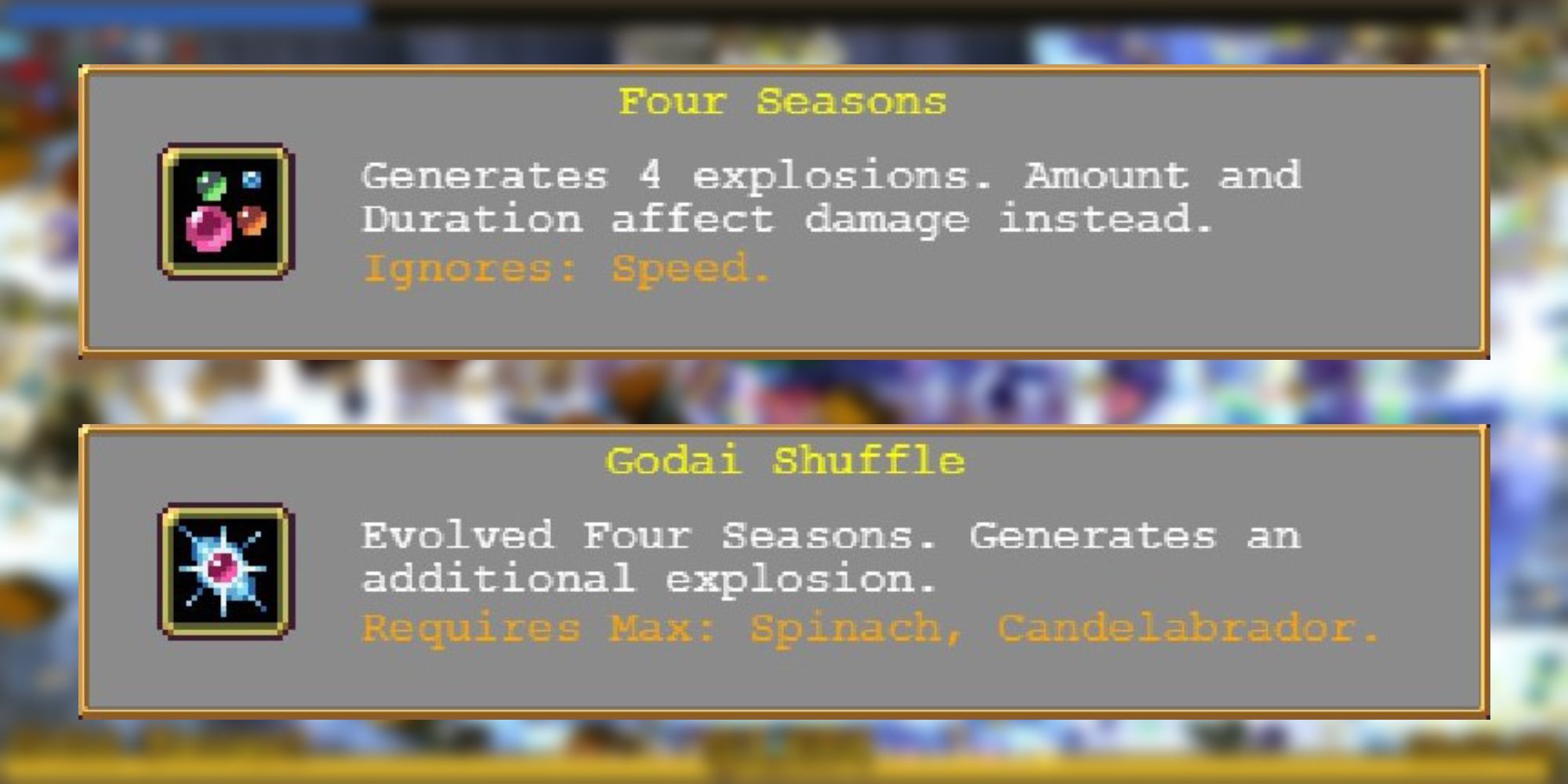 Information on the weapons Four Seasons and Godai Shuffle from Vampire Survivors.