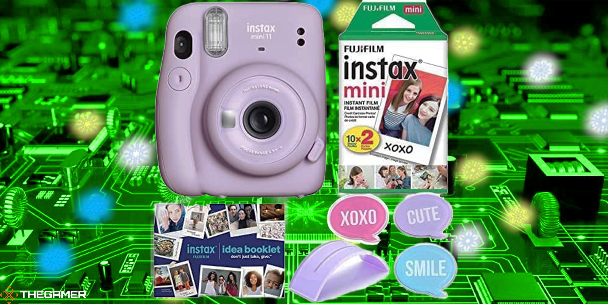 A FujiFilm Instax Mini Holiday Bundle against a snowy, green tech background. Custom image for TG.