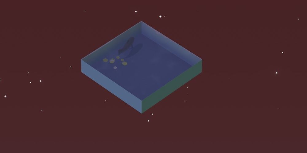 Galaxy garden water tiles with large fish pond weed items at dusk