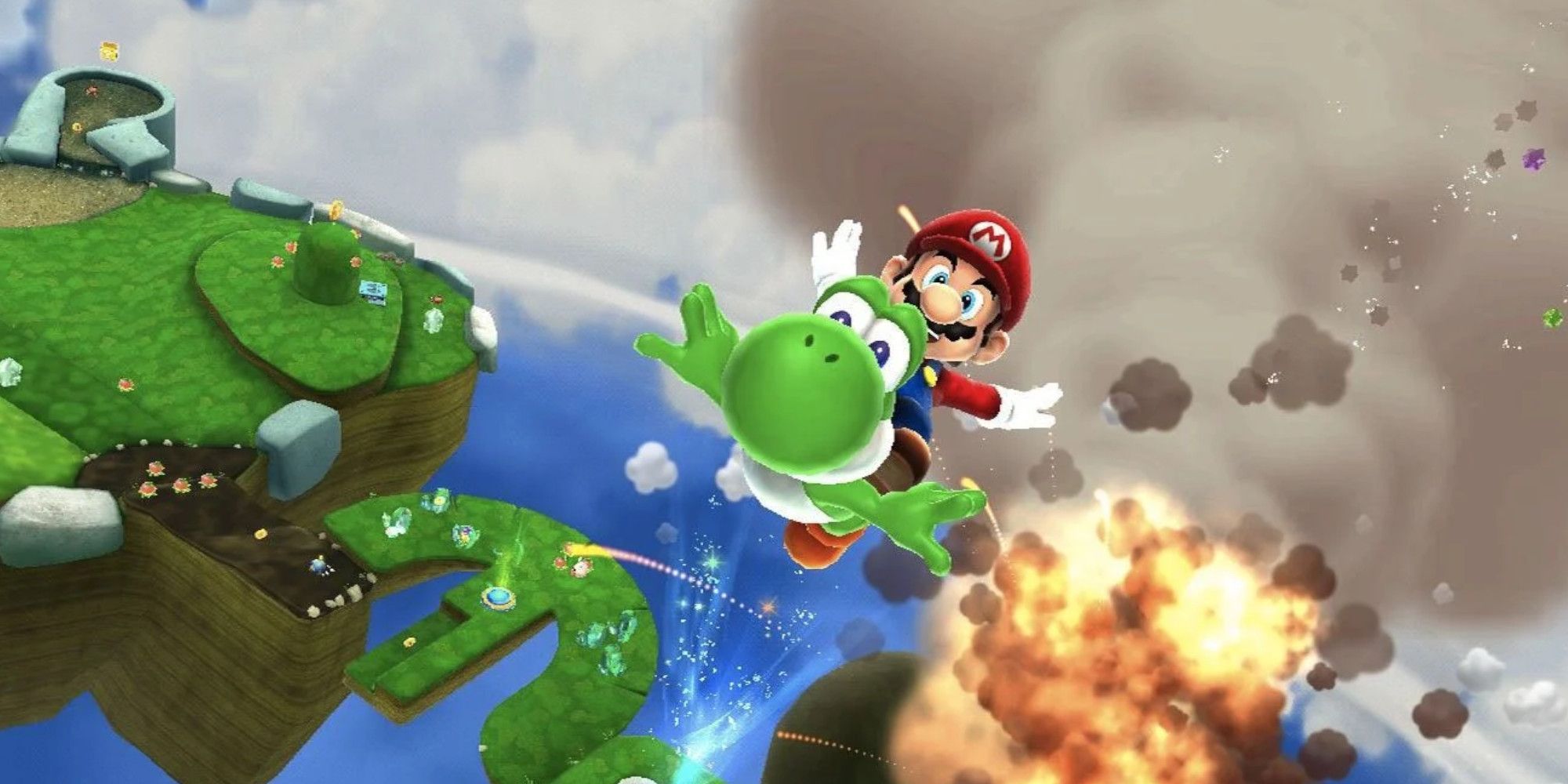 Mario and Yoshi in Super Mario Galaxy 2 for the Wii.
