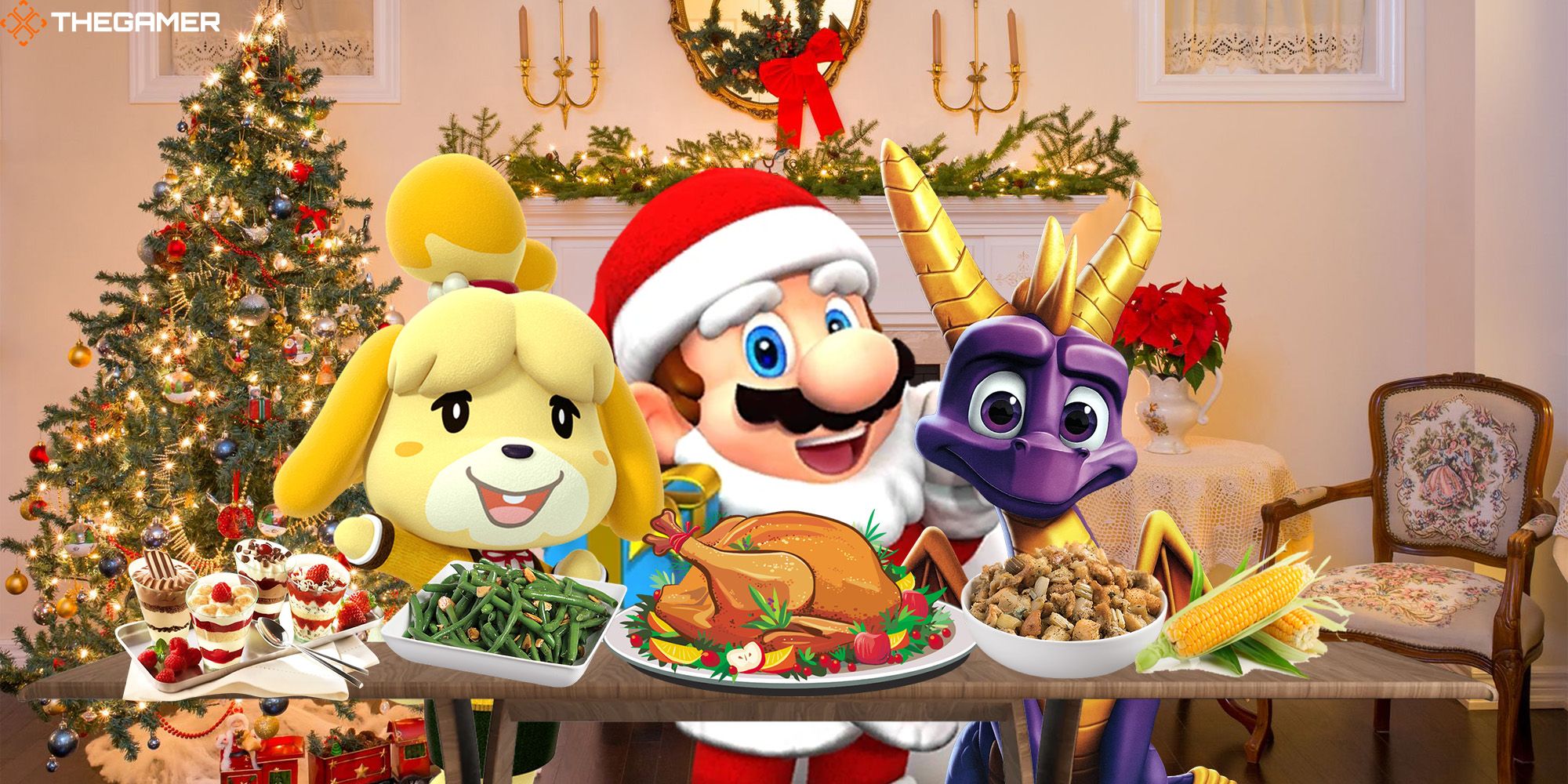 Isabelle, Spyro, and a Santa-suited Mario gather around a dining table stacked with food in a warmly decorated living room. Custom image for TG.