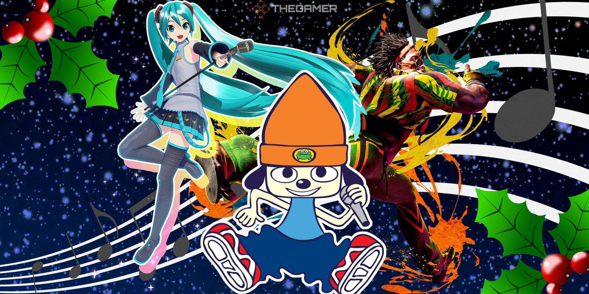 Hatsune Miku, PaRappa, and DeeJay stand amongst a snowy winter sky adorned with music notes. The image is bordered by two holly plants. Custom image for TG.