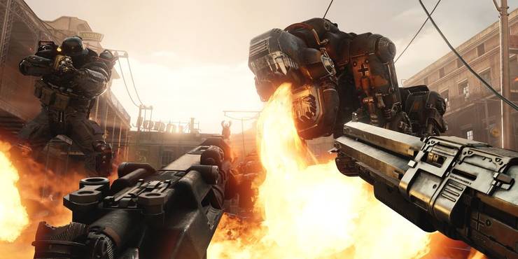 Shooting a mech and armored Nazi soldier in Wolfenstein II.