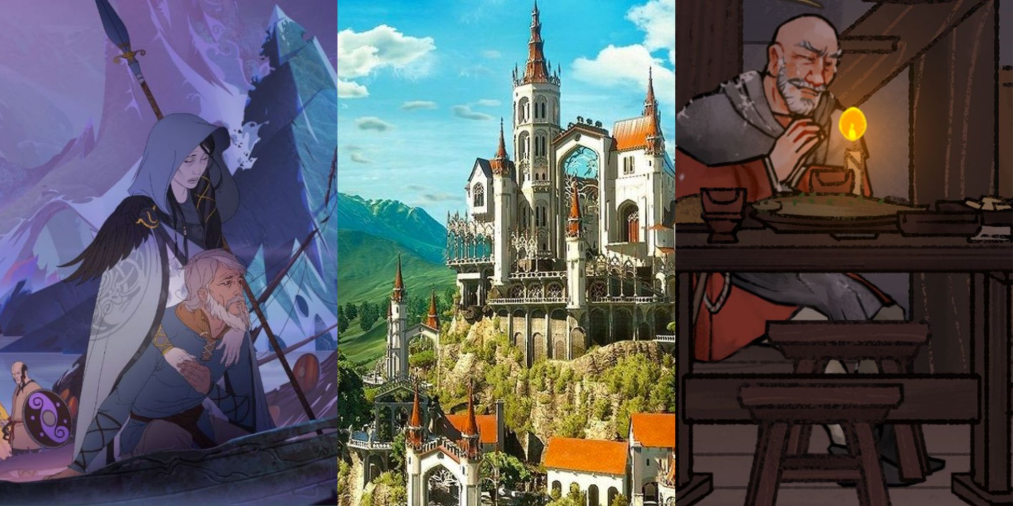 Cover art from The Banner Saga of a woman wearing a hood with a man crouched beneath her, the palace of Toussaint in The Witcher 3, and a character at a table in Pentiment, left to right