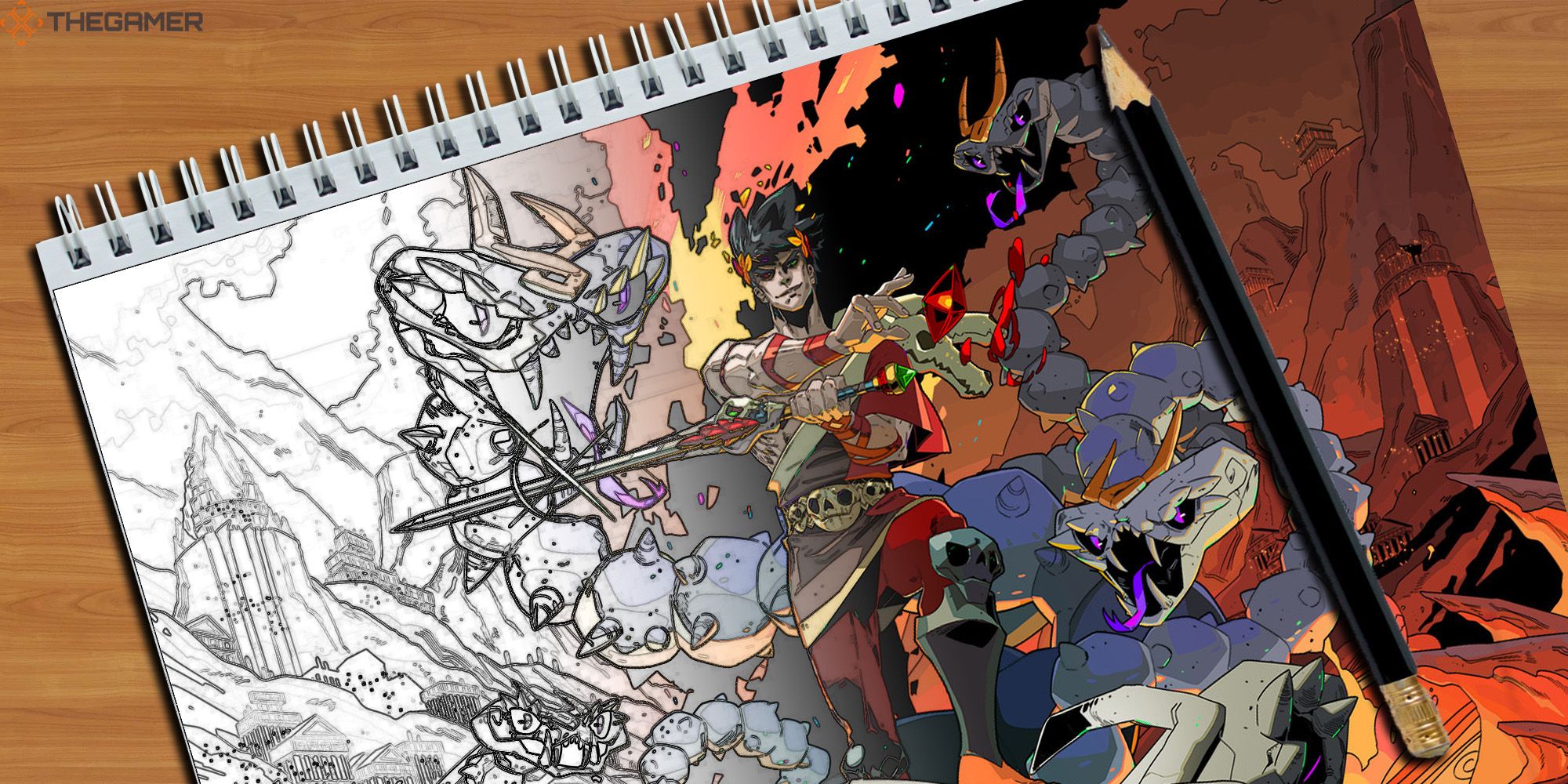 An illustration from the game Hades transforms from a black and white tracing to a colorful image in an artist's sketchbook. Feature image for TG.