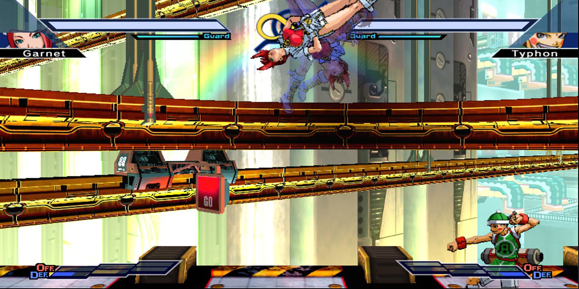 Garnet flips through the air during a battle against Typhon near an underground tunnel in The Rumble Fish 2.