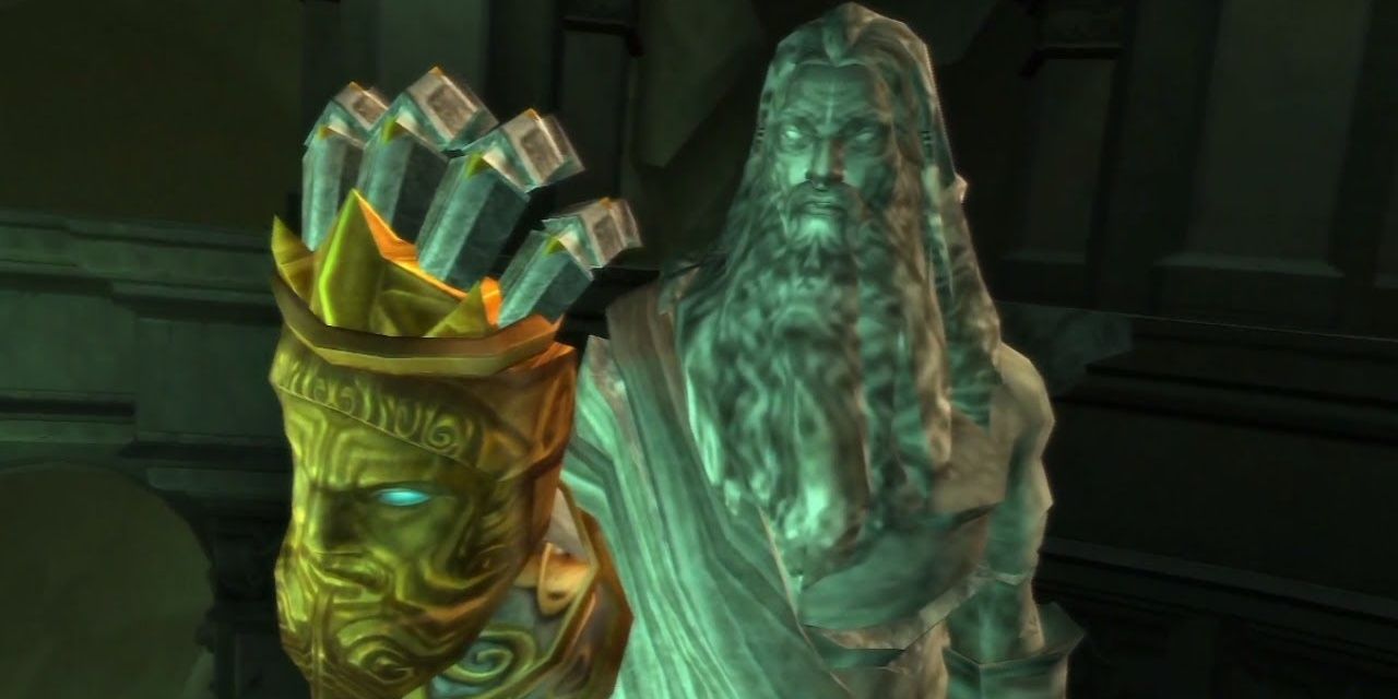 A statue of Zeus wearing his Gauntlet, in God of War Chains Of Olympus