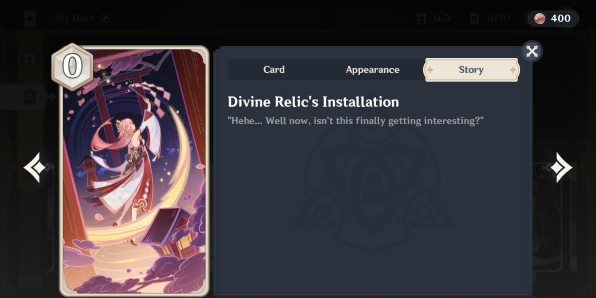 Genshin Impact Genius Invokation Divine Relic's installation