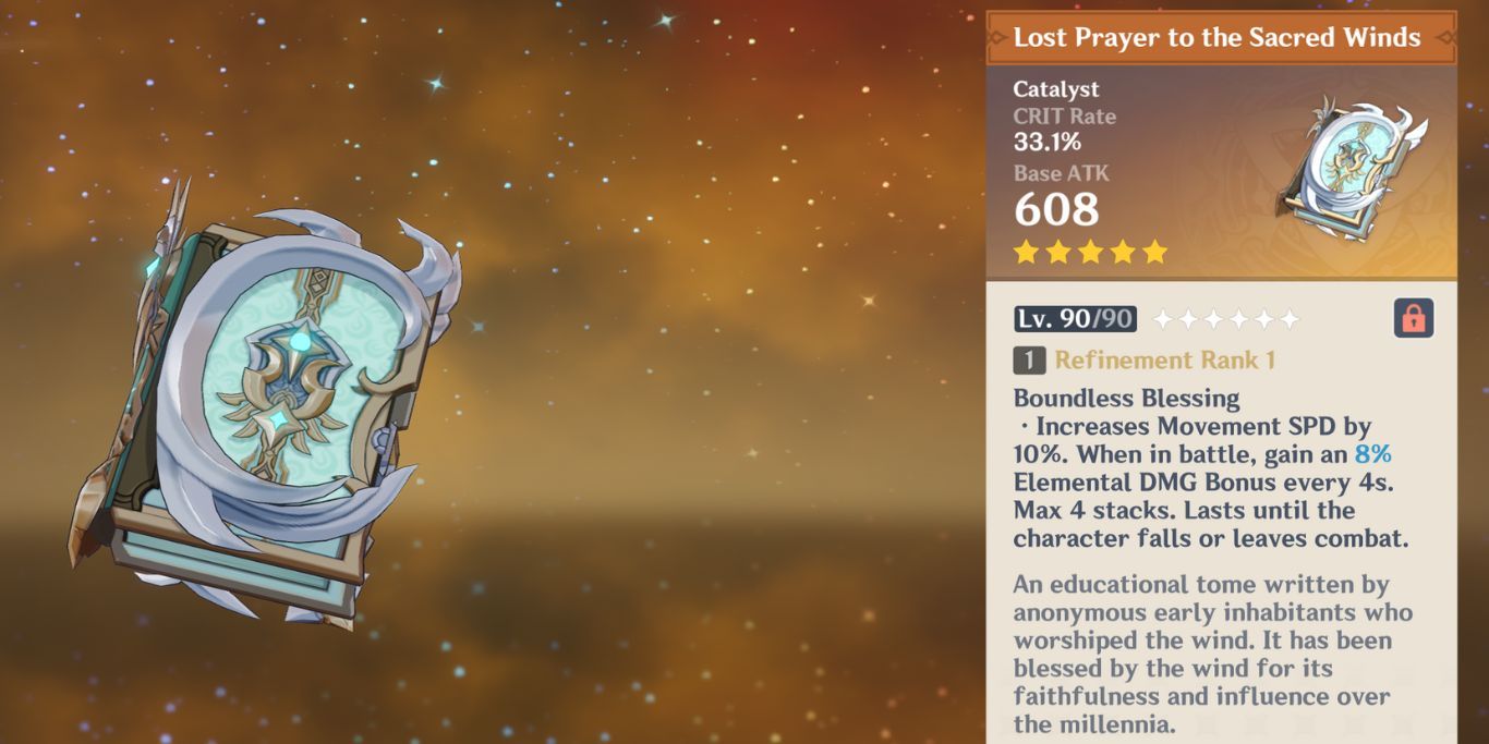 Model of the Lost Prayer To The Sacred Winds catalyst and its Description in Genshin Impact