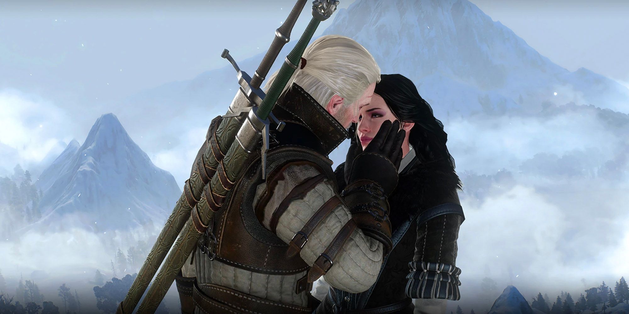 geralt and yennefer gong in for a kiss in the witcher 3