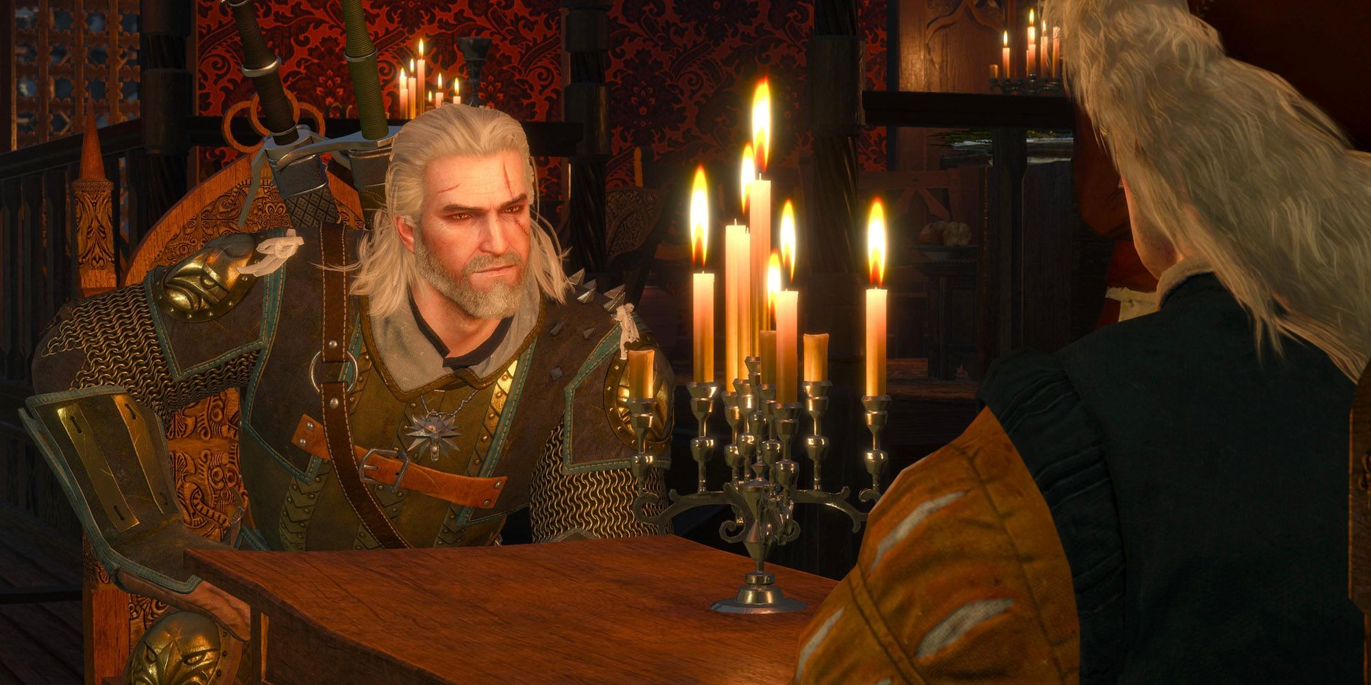 geralt ready to play a game of gwent in the passiflora the witcher 3