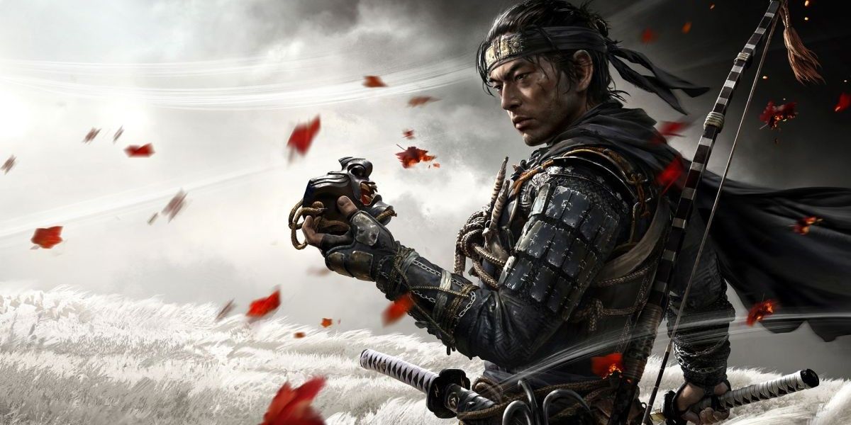 Ghost of Tsushima cover art depicting Jin staring at his mask in a white field, surrounded by red petals